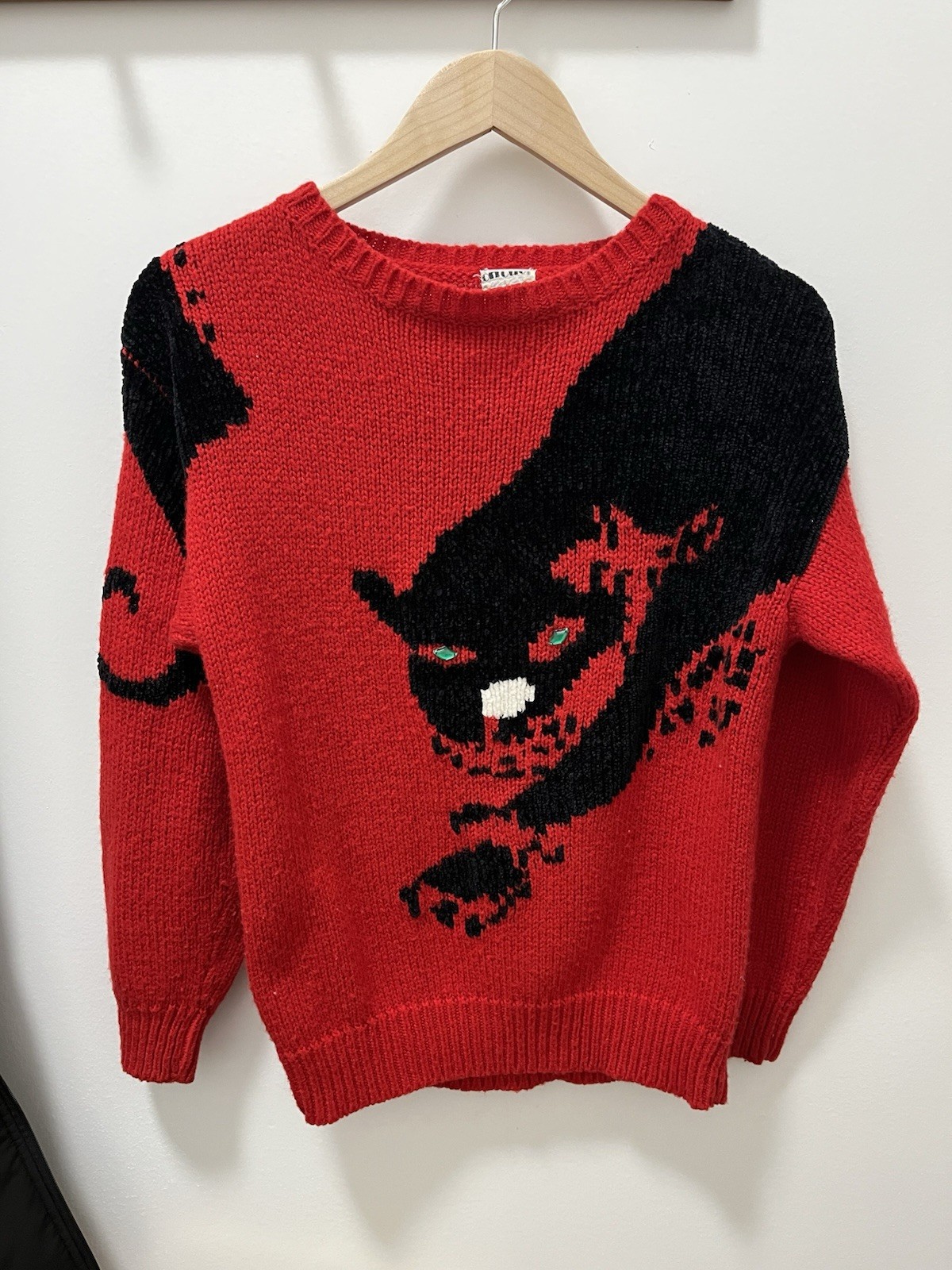 On Cue Women’s Vintage Red Knitted Sweater with Black Panther Design