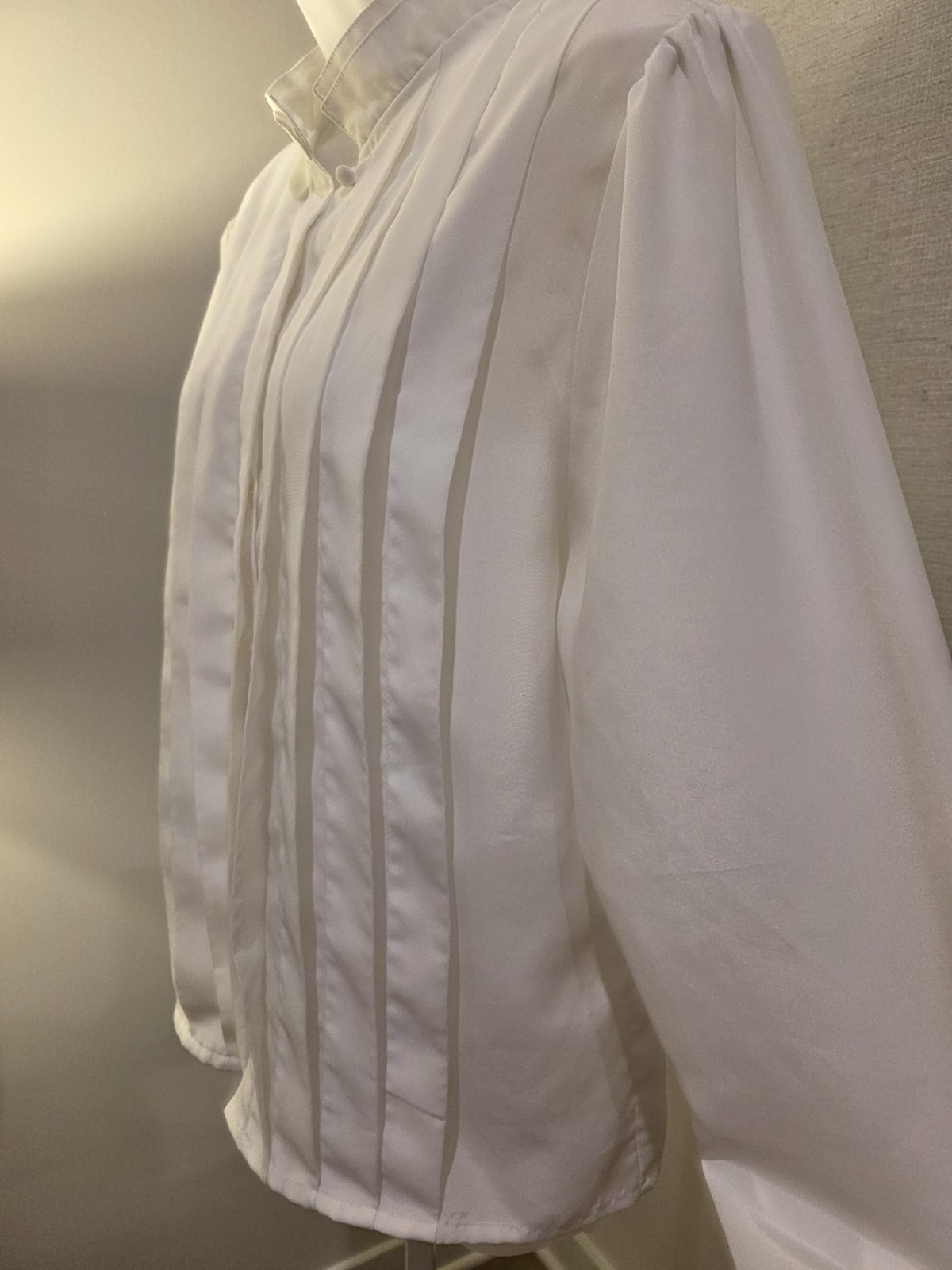 VTG Satin White High Collar Tuxedo Style Victorian Look Blouse Sz. 12