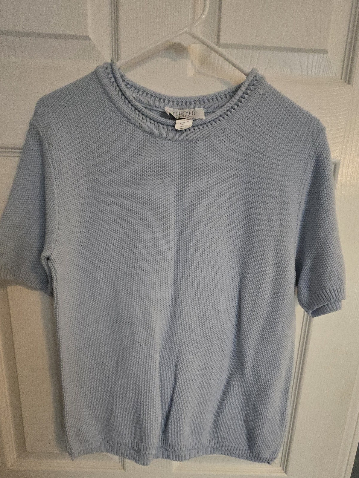 90s Forever Creative Cotton Womens Light Blue Short Sleeve Nubby Knit Shirt USA