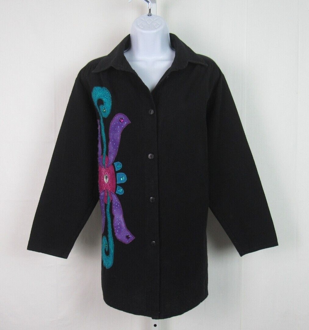 VTG 1970s 80s ALFREDO’S WIFE COTTON BUTTON FRONT SHIRT BLACK ETHNIC PATTERN SM
