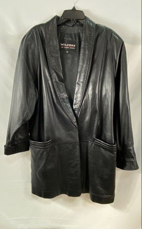 Vintage 90s Wilsons Leather Women’s Black Shawl Collar Longline Jacket 2502 Sz L