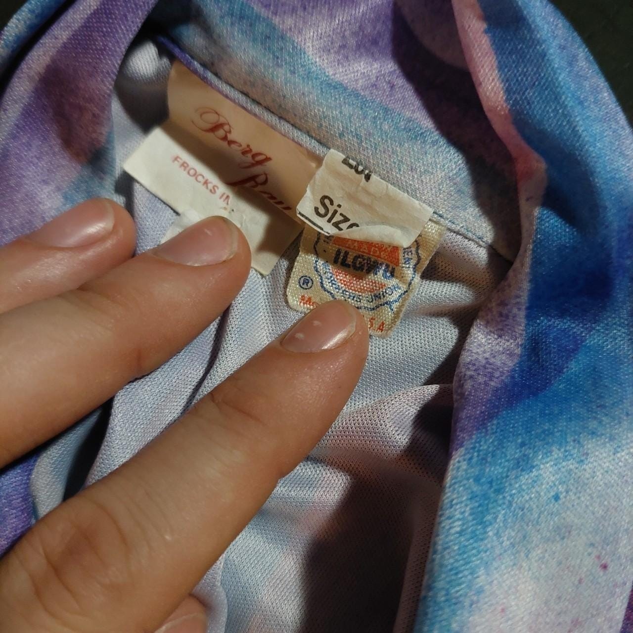 Vintage blue, pink, and purple tie collar long sleeve top.