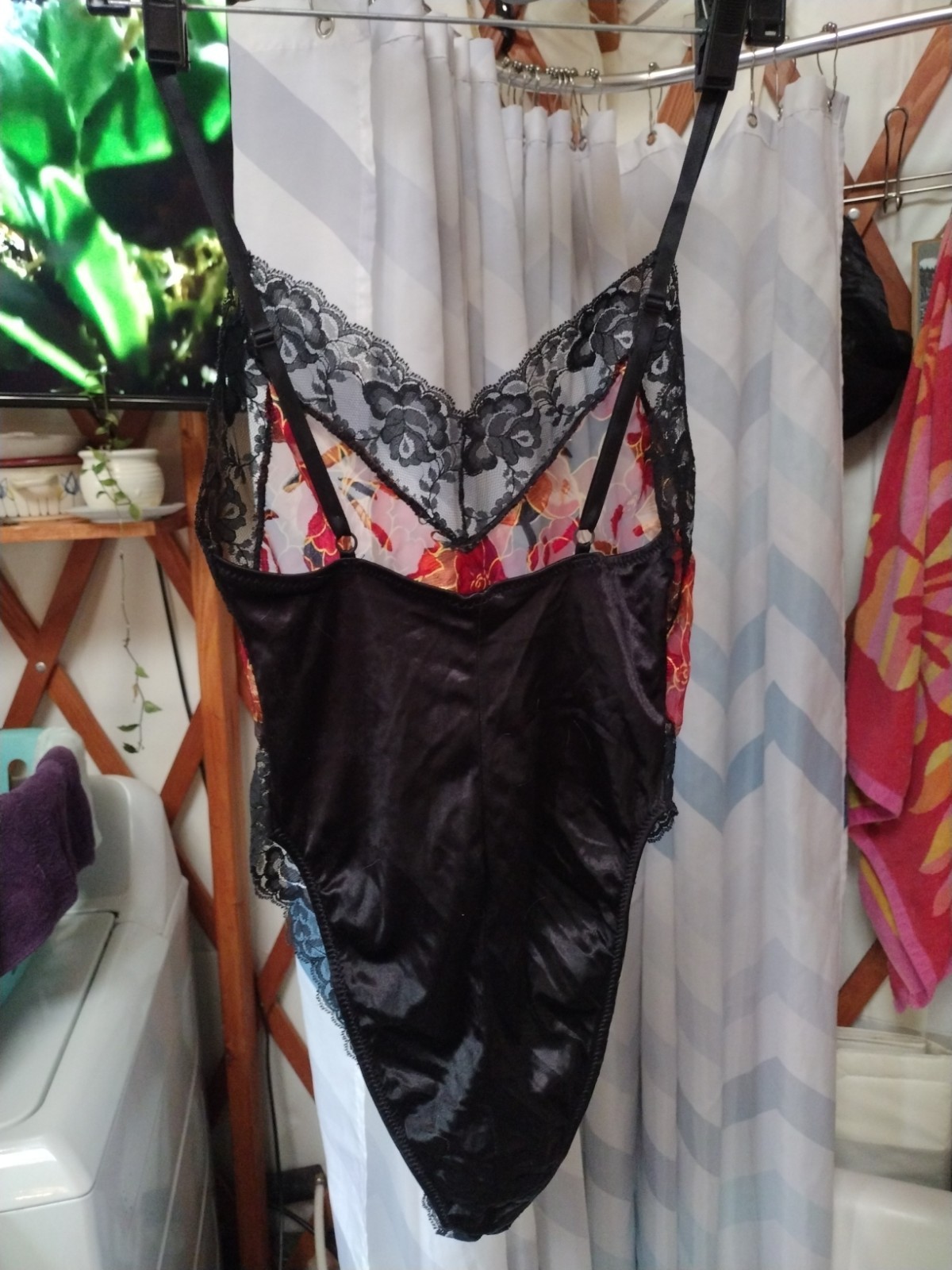 Shirley of Hollywood Vintage S/M Black & Red Floral Teddy/One-Piece Lingerie