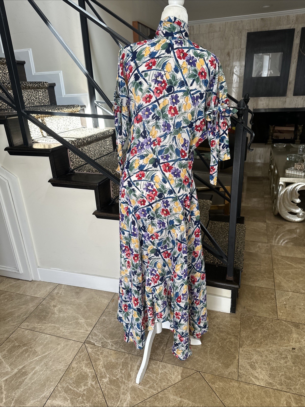 Norma Kamali 80s Floral Print Rayon High Low Long Dress Pussy Bow Keyhole Neck S