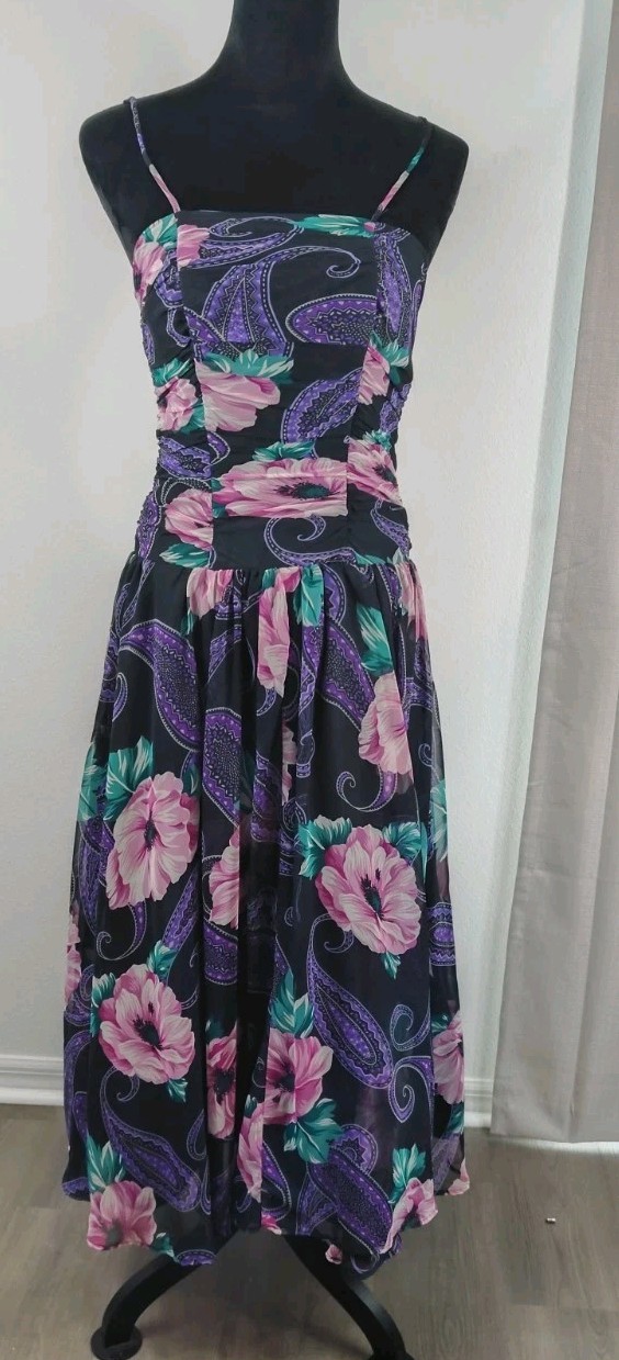 Vintage 80s Opening Night Maxi Dress Drop Waist Paisley Floral Crinoline Size 9