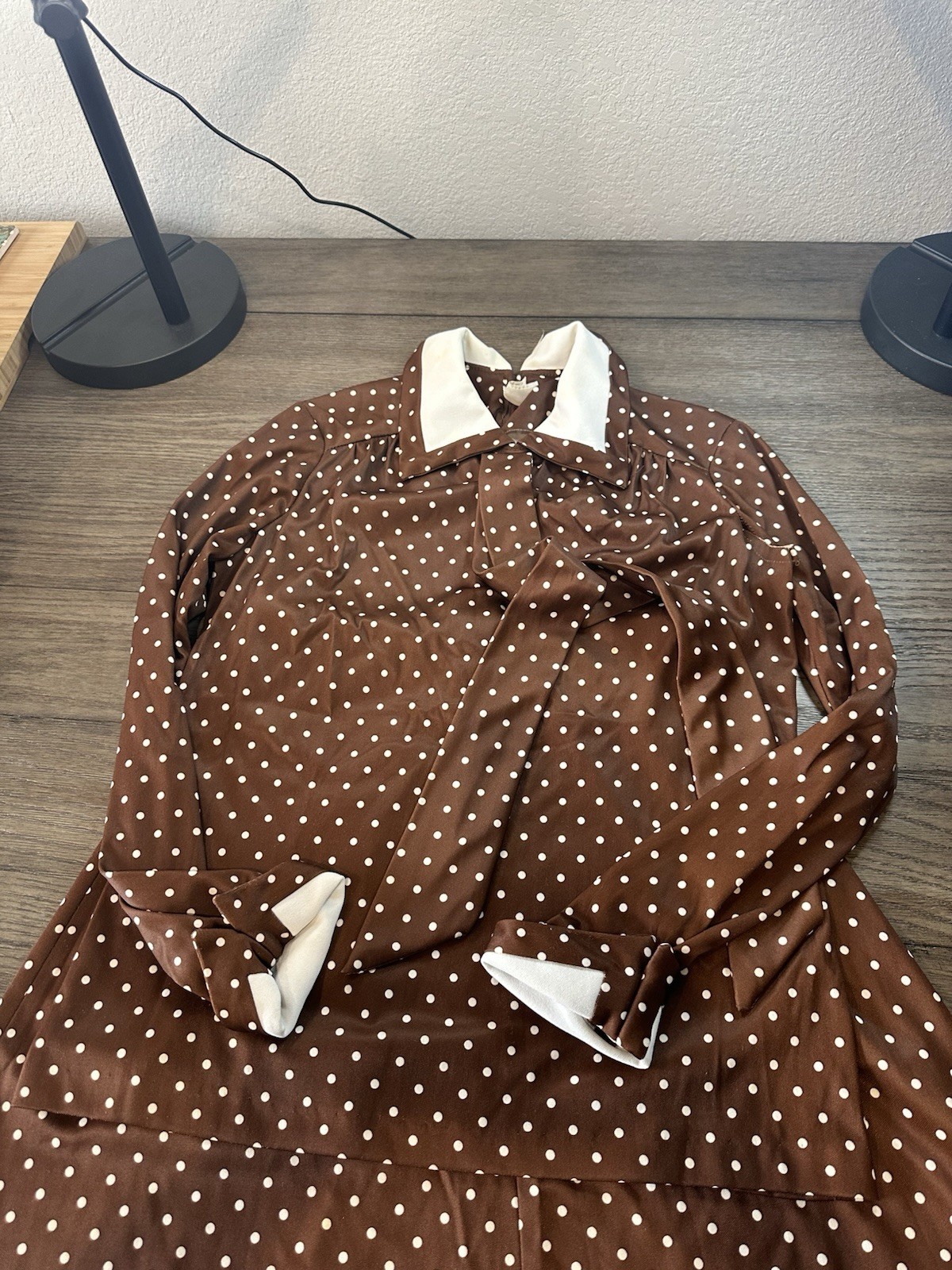 Vintage Polyester Skirt And Blouse Brown Polka Dots Size 12