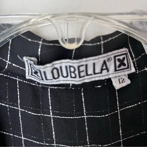 Vintage 80s Loubella Black Metallic Silver Grid Sheer Button Front Shirt 12