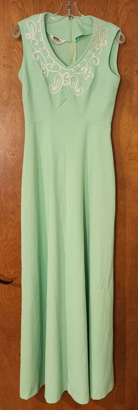 Vintage 70’s Montgomery Ward Maxi Dress Mint Green Poly Zip Back Dress 12 Tall