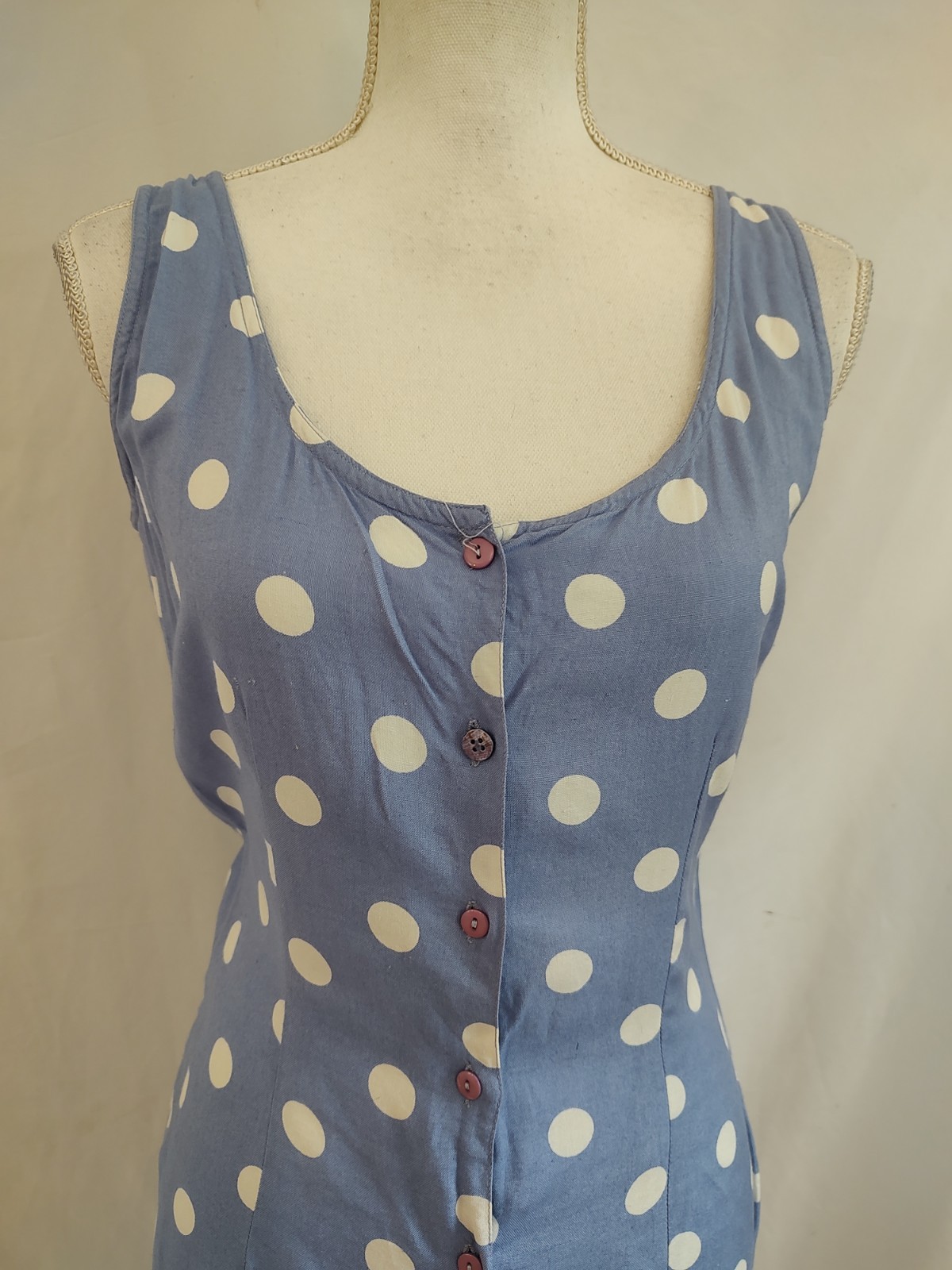 90’s Vintage Dress Together Pencil Dress Blue & White Polka Dot Button Front 8