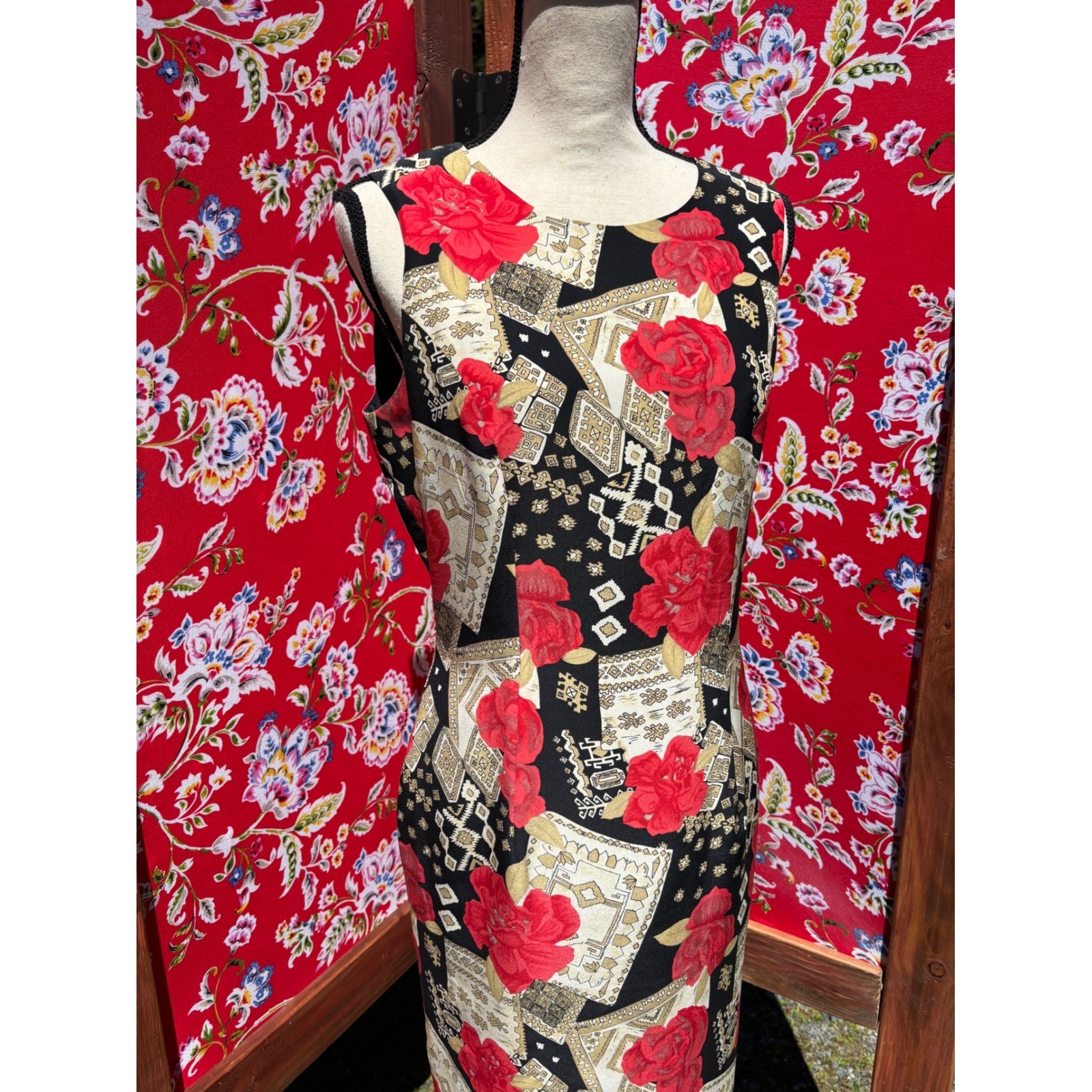 100% Silk Vintage Red Black Patchwork Print Boho Chic Euro Summer Dress Size S-M