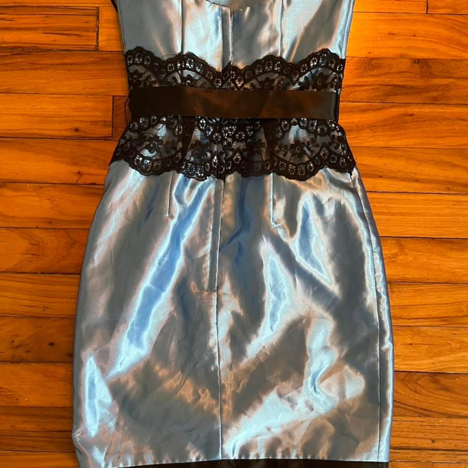 Vintage y2k Gunne Sax Baby Blue Satin Strapless Mini Dress Black Lace Size 1