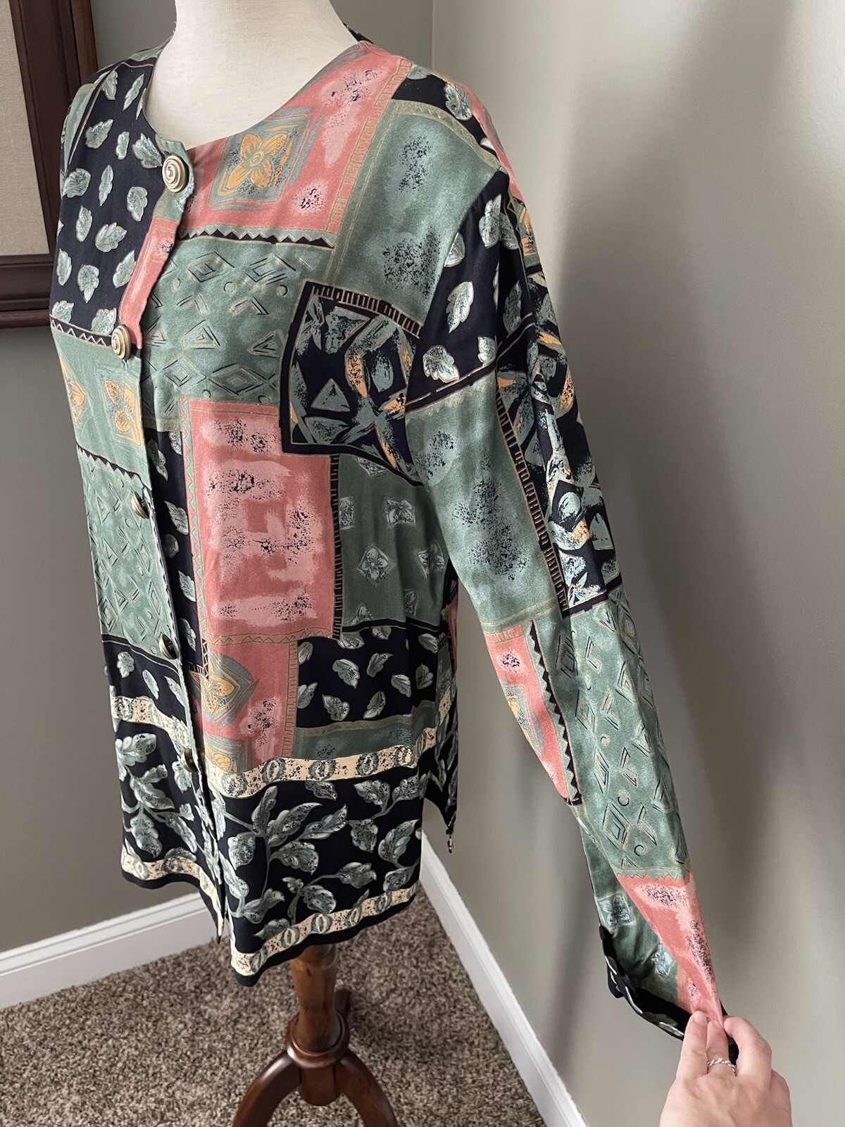 Vintage 80s 90s Shoulder Pad Patchwork Style Button Up Top Gold Spiral Buttons