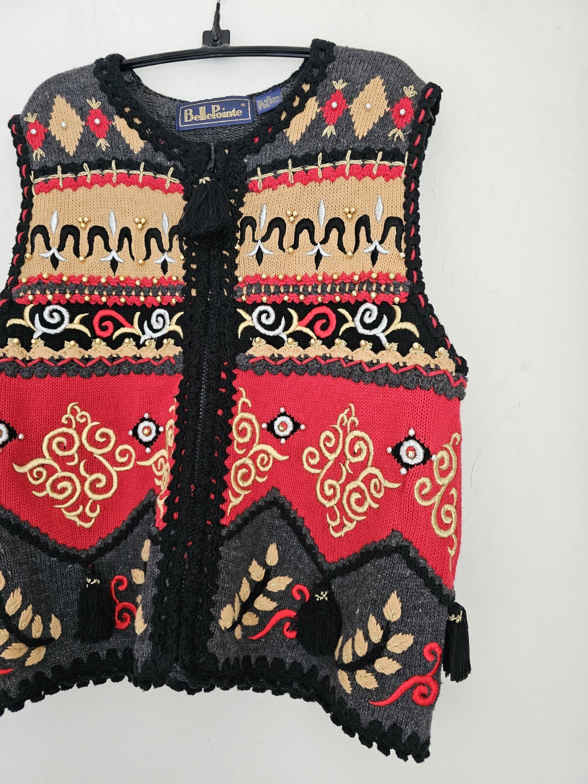 Vintage Belle Pointe Sweater Vest Full Zip Detailed Embroidered Beaded Sz M