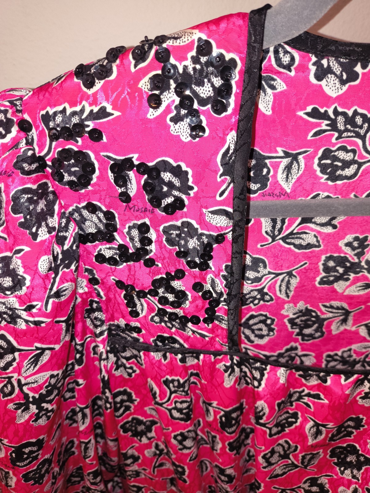 Vintage 1980s Misses’ Hot Pink Black Floral Sequin Shoulder Pad Dress Smocked…