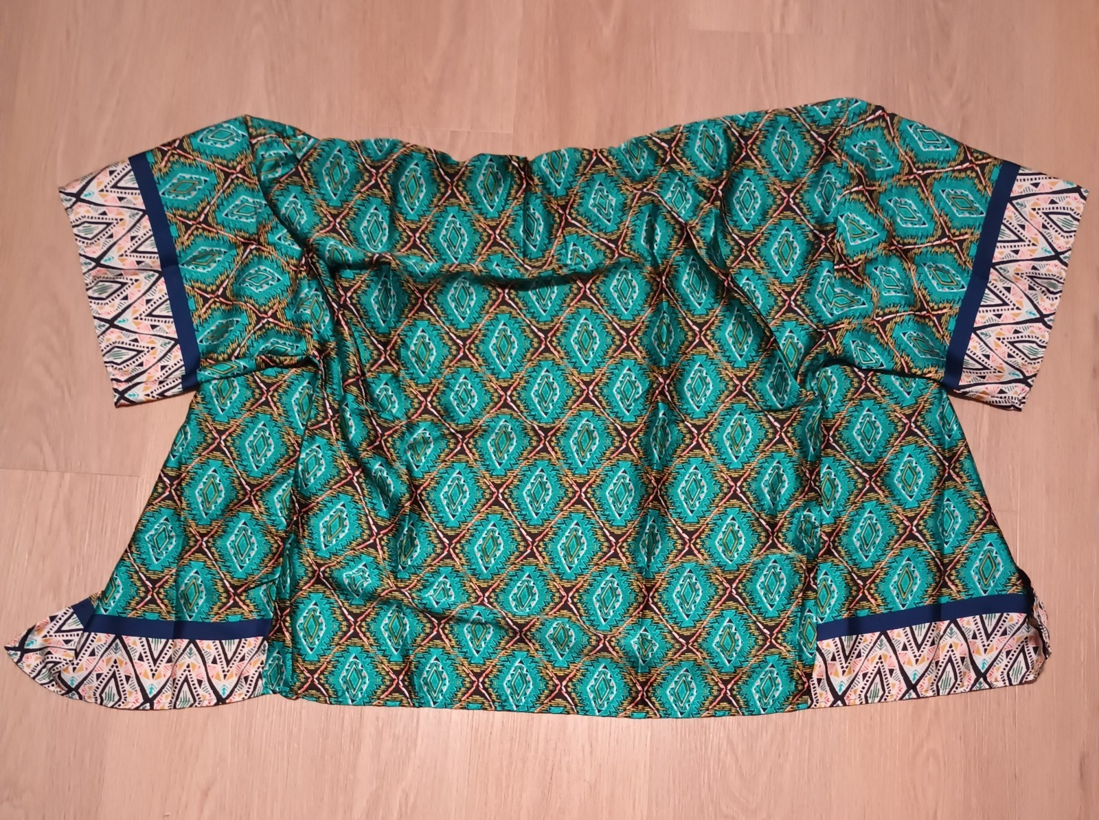 Vtg LAC BLEU Teal Geometric Southwest India Kimono Open Jacket Robe lounge L