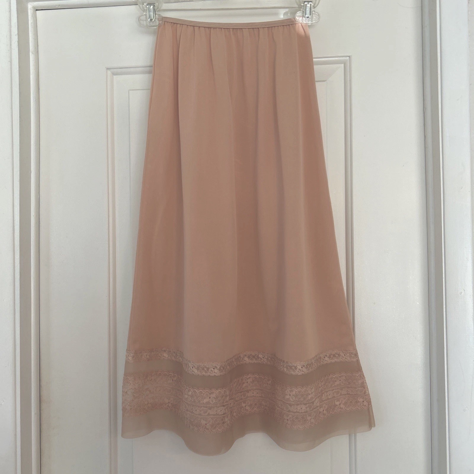 Vintage Chic Lingerie Half Slip-Beige Peach Nylon-Medium Chiffon Lace Hem -28”