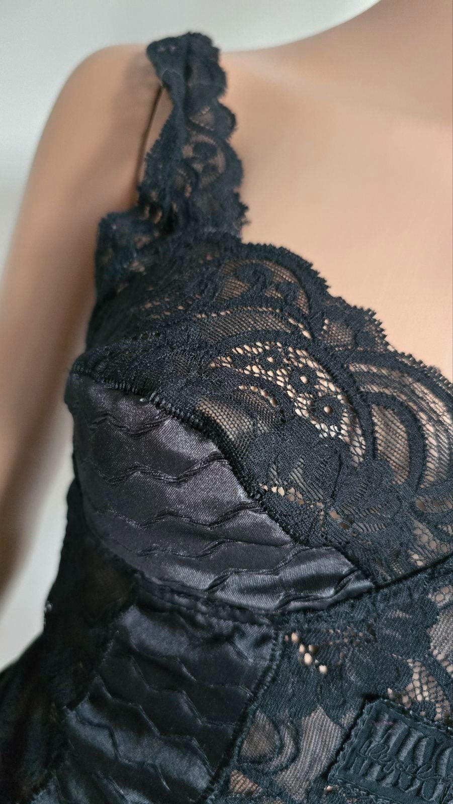 Vintage 80s MISS LEPEL Black Bodysuit Nylon Blend Guipure Inserts. Size 3