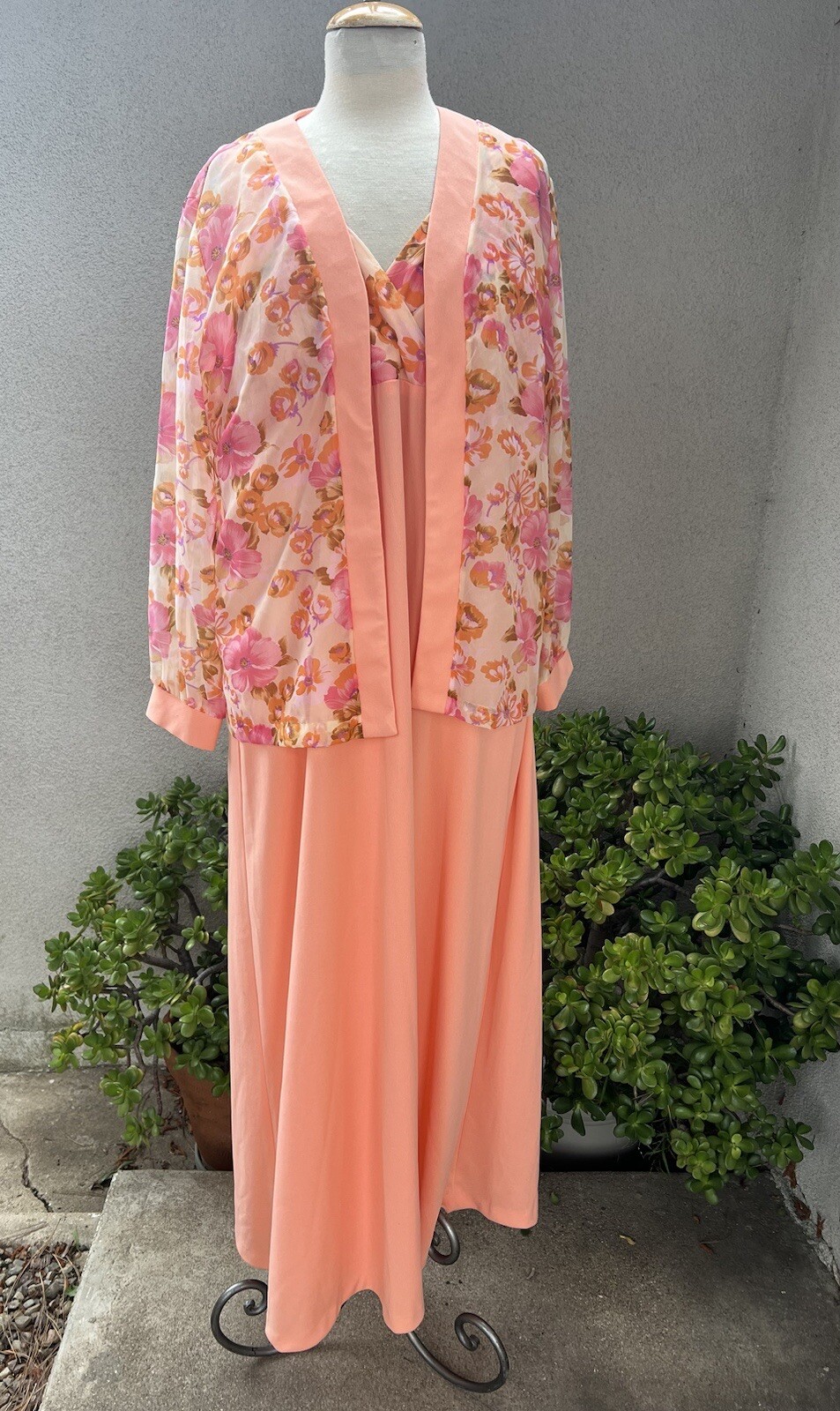 Vtg Polyester Maxi Dress Jacket Apricot Orange Pink Floral Chiffon Sz 24.5