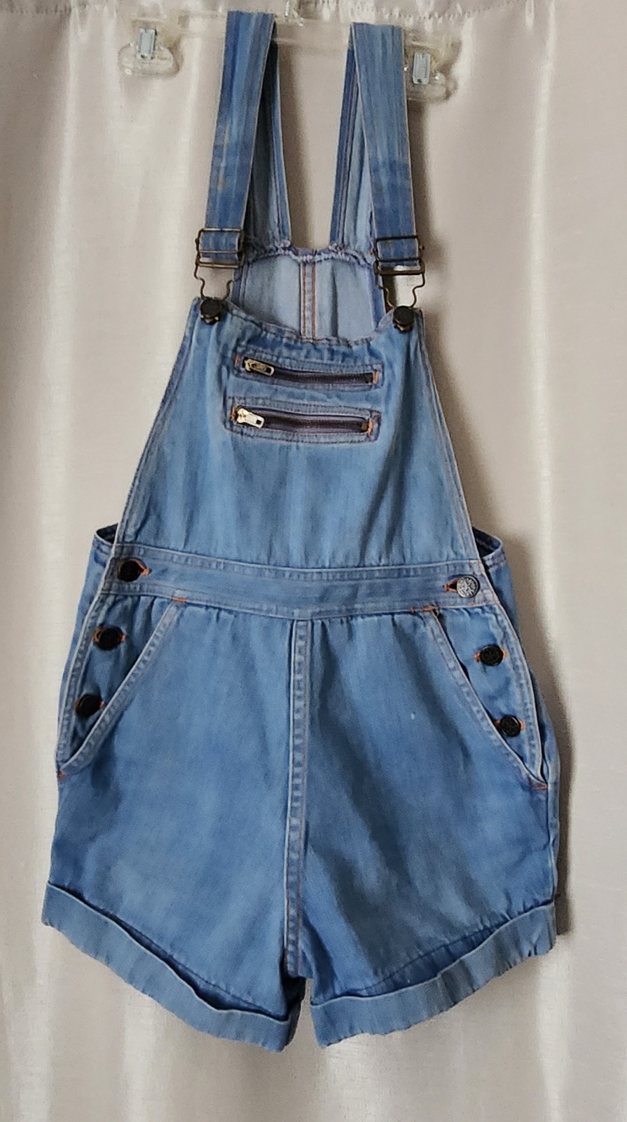 Vintage 70s 80s Jeans Romper XS Bib Overalls Shorts denim Orange Stitch X Small