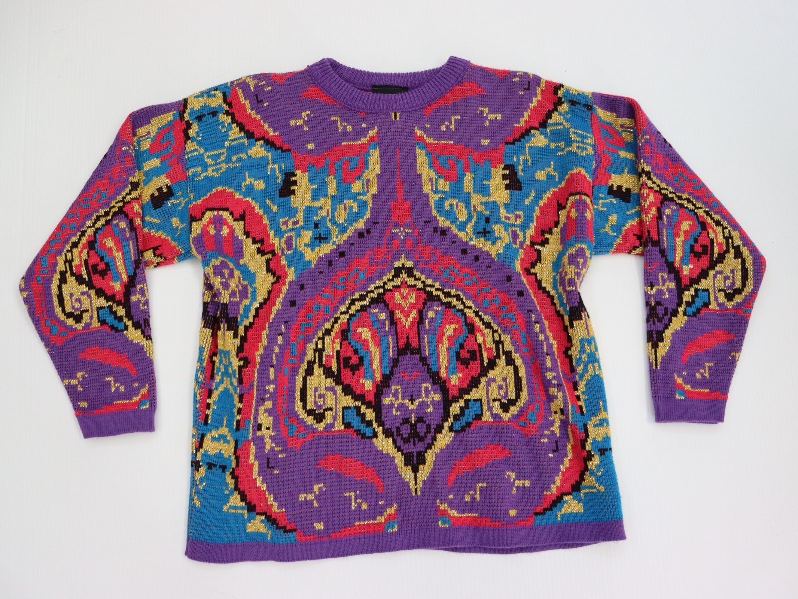 Fortune Knits Vintage 90s Geometric Abstract Sweater Medium USA Acrylic Mylar