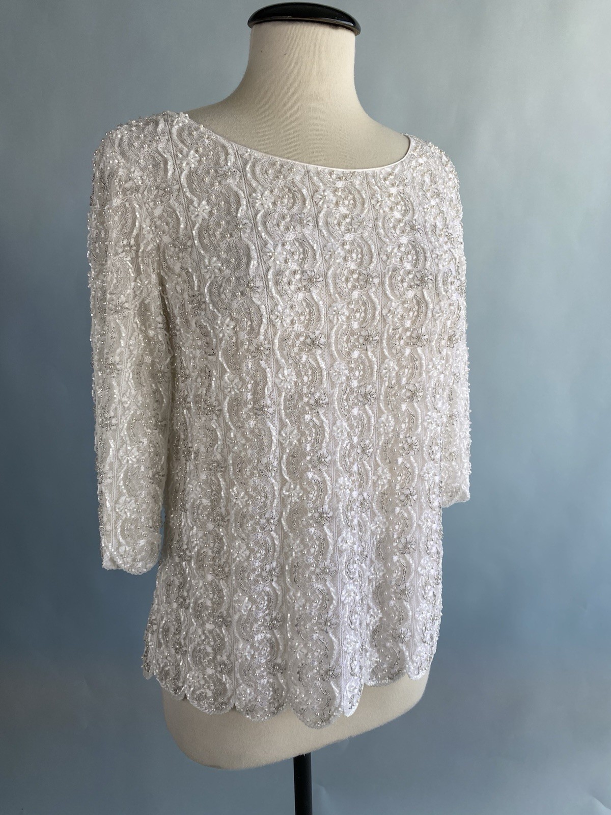 Vintage 1960’s Heavy Beaded White Lace Blouse Bridal Formal Elegant
