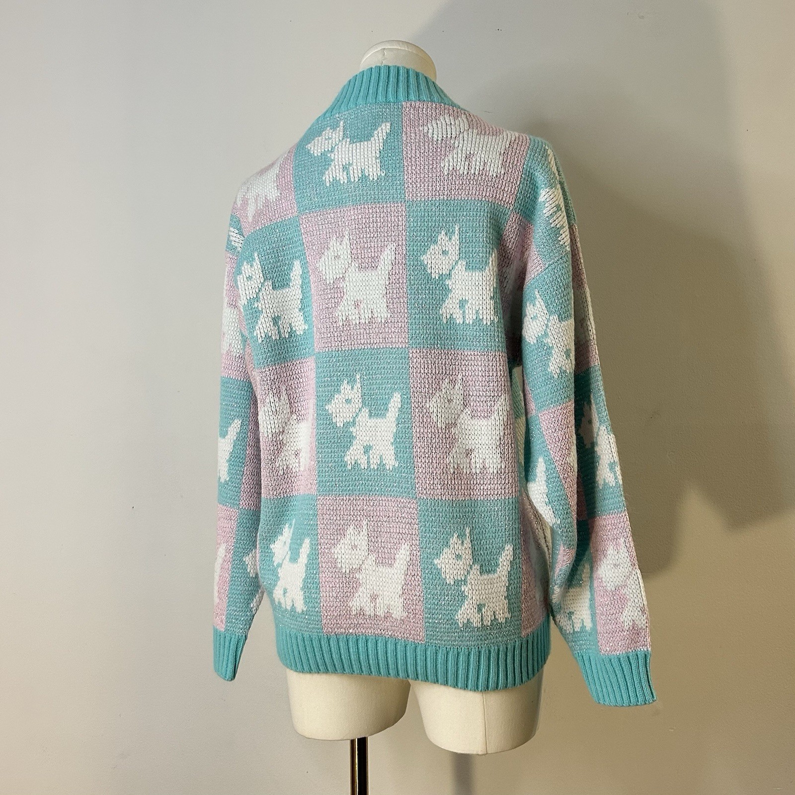 80s Soft Girl Preppy Scottie Dog Sweater Pink Blue Women’s 38 Inch Bust