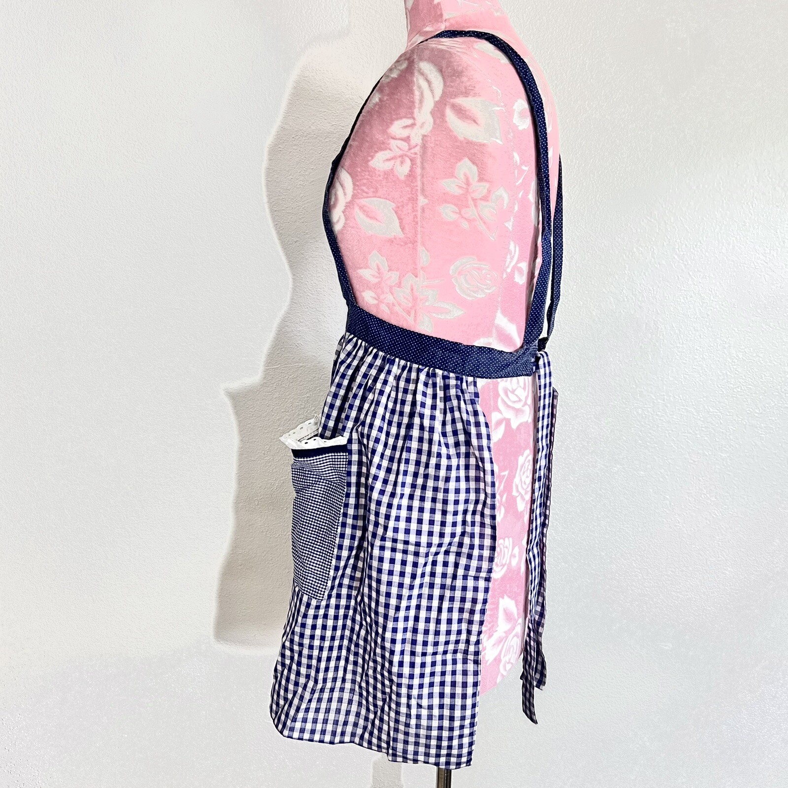 Vintage 60s Blue Plaid House Wife Belted Apron Dress Size S/M