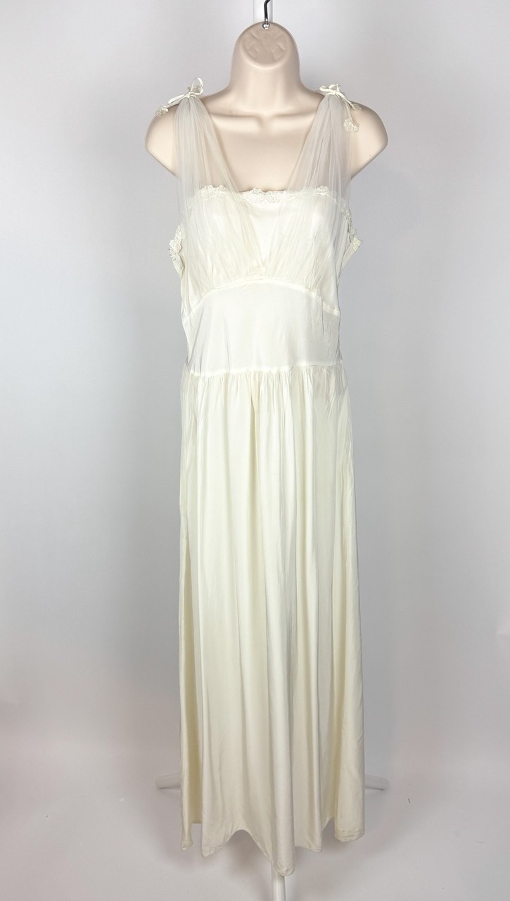 1940s Vintage White Chiffon Overlay Maxi Slip Dress