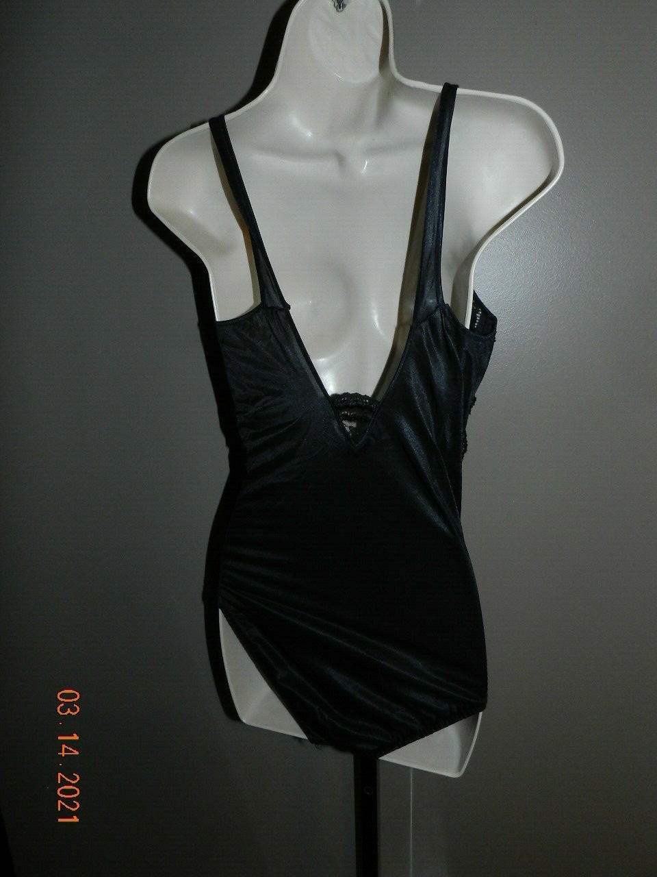 Lady Cameo small S 9020 sheer black lacy teddy snap crotch