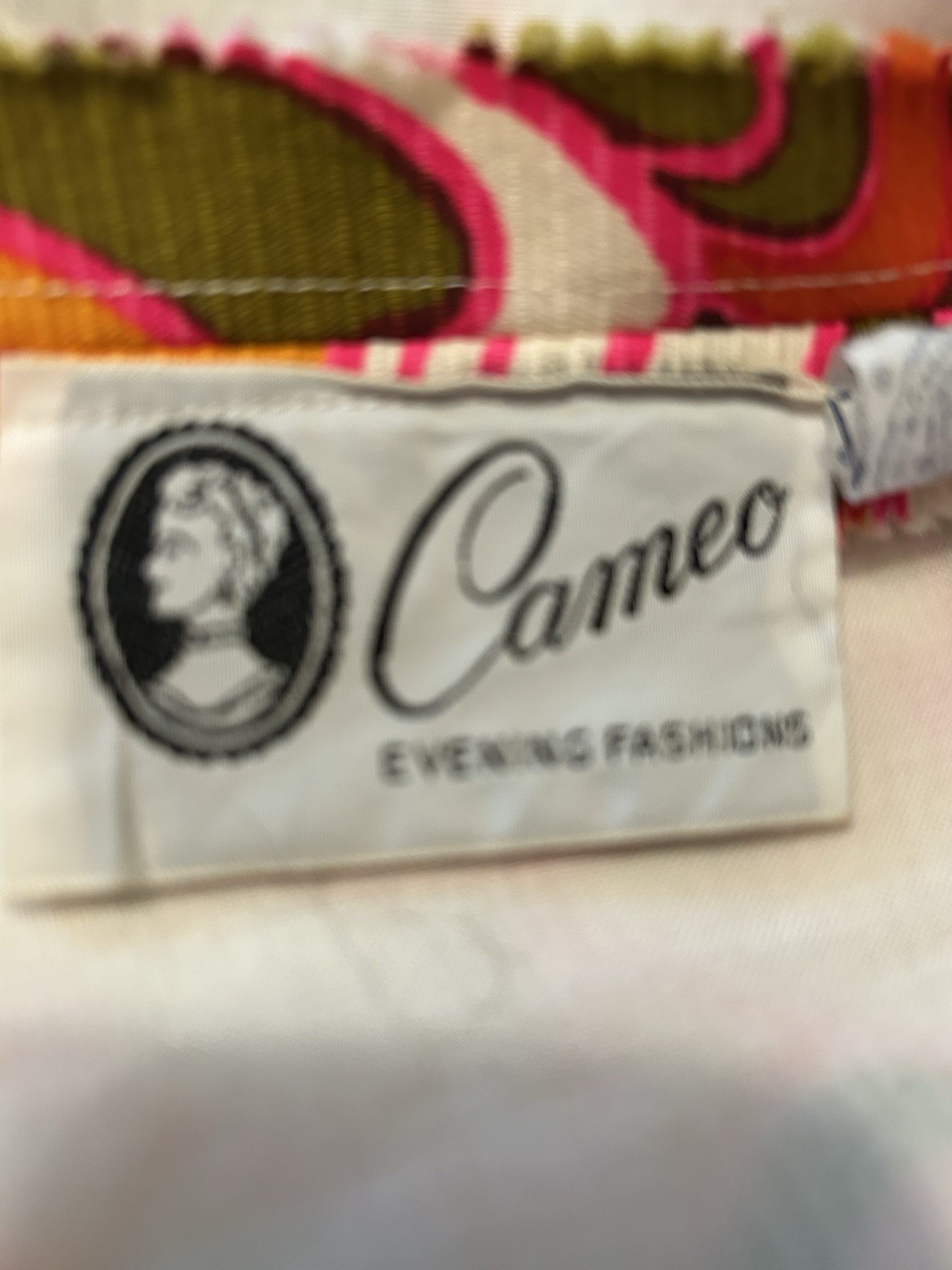 Vintage Cameo Psychedelic Maxi Dress 10 Orange White Pink Cotton Sequins Trim