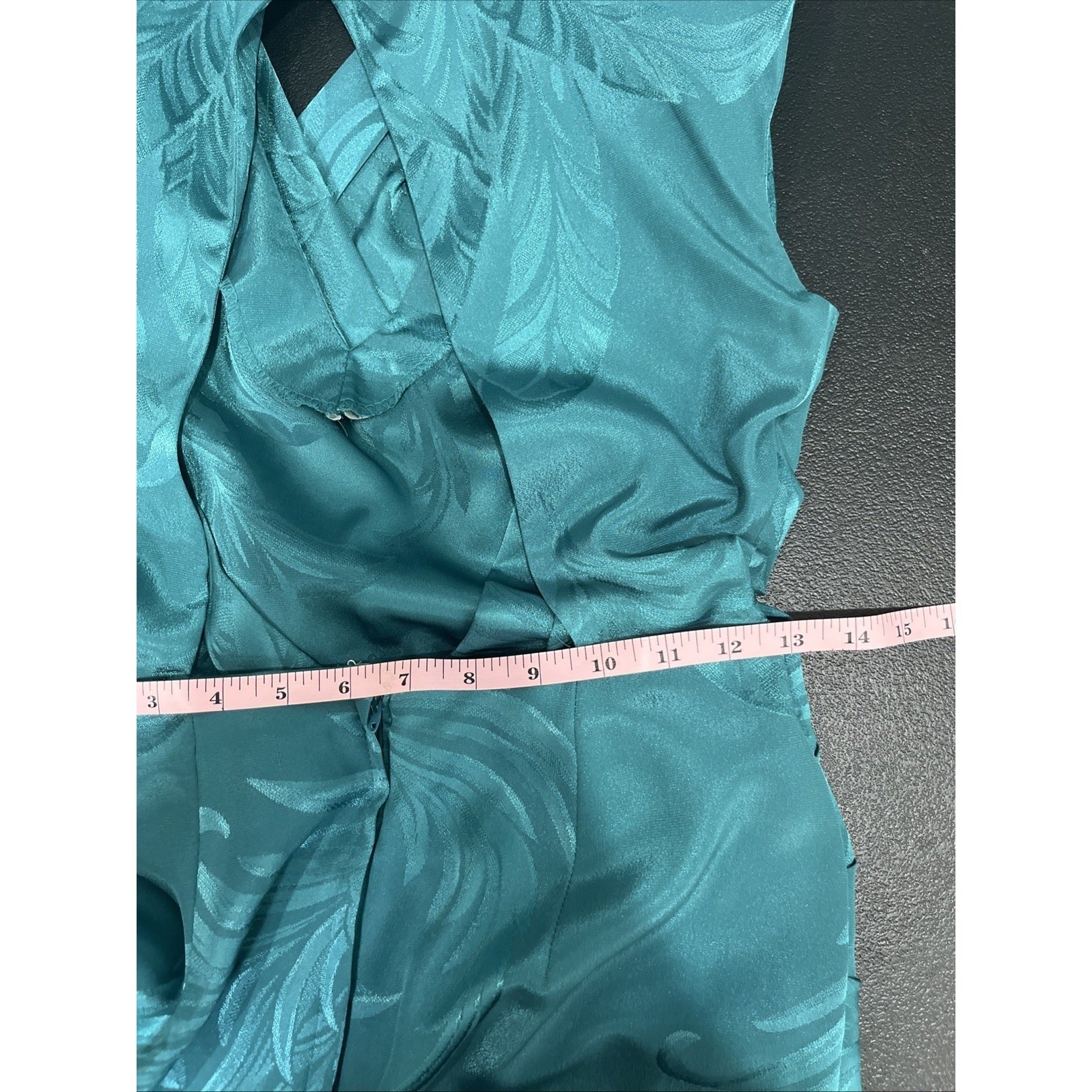 Lola Collections Dress Womens 4 Teal Jacquard Leaf Draped Open Back Ruffle 80s