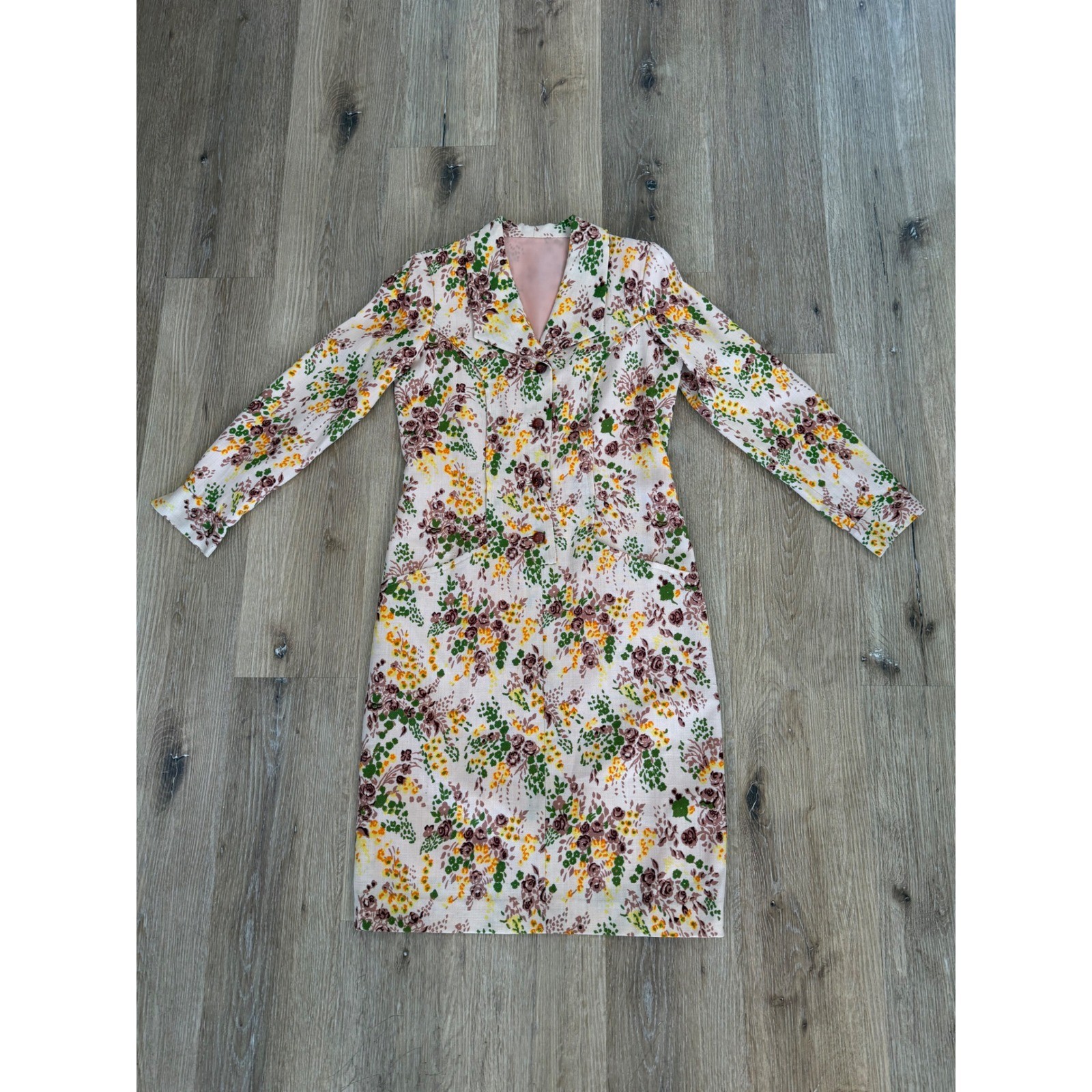 VTG Floral Long Sleeve Button Front Coat Dress Womens M Cream Brown Green Retro