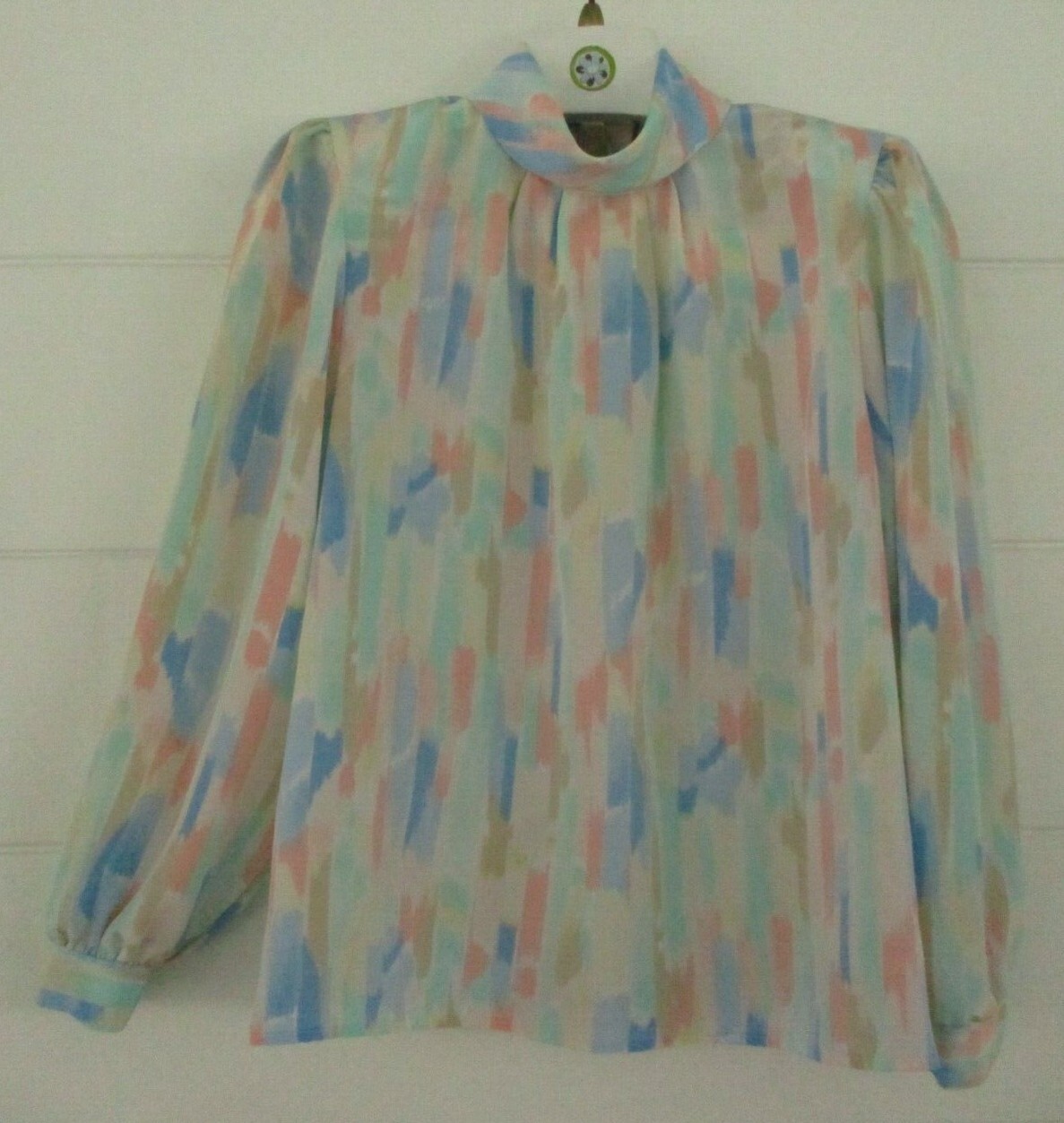 Vtg 1980’s Pastel Multi High-Neck Secretary Blouse Size 16 Striped Puffy Sleeve