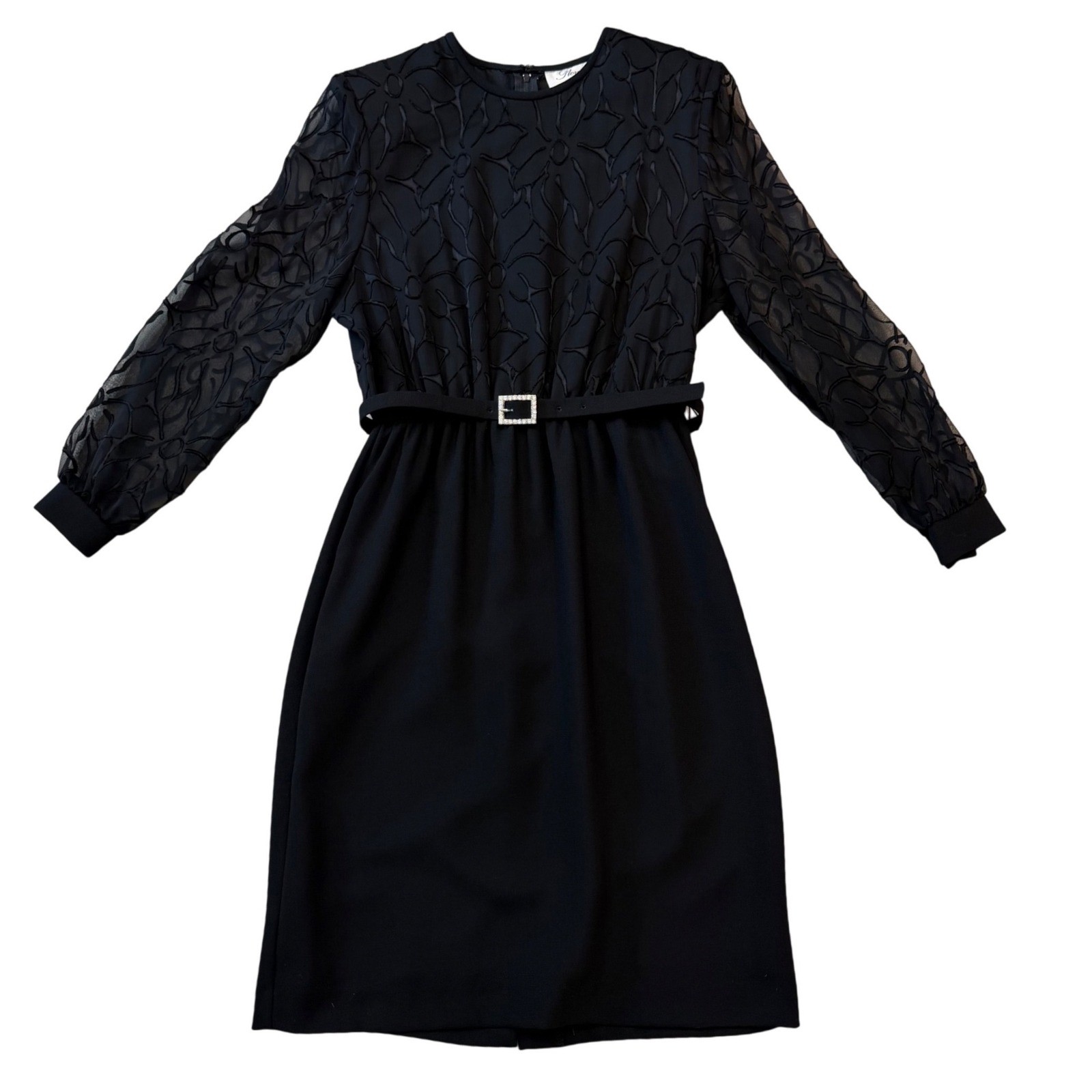 Florentine Petites Soiree Vintage 80’s Black Floral Flocked Belted Dress Sz 12P
