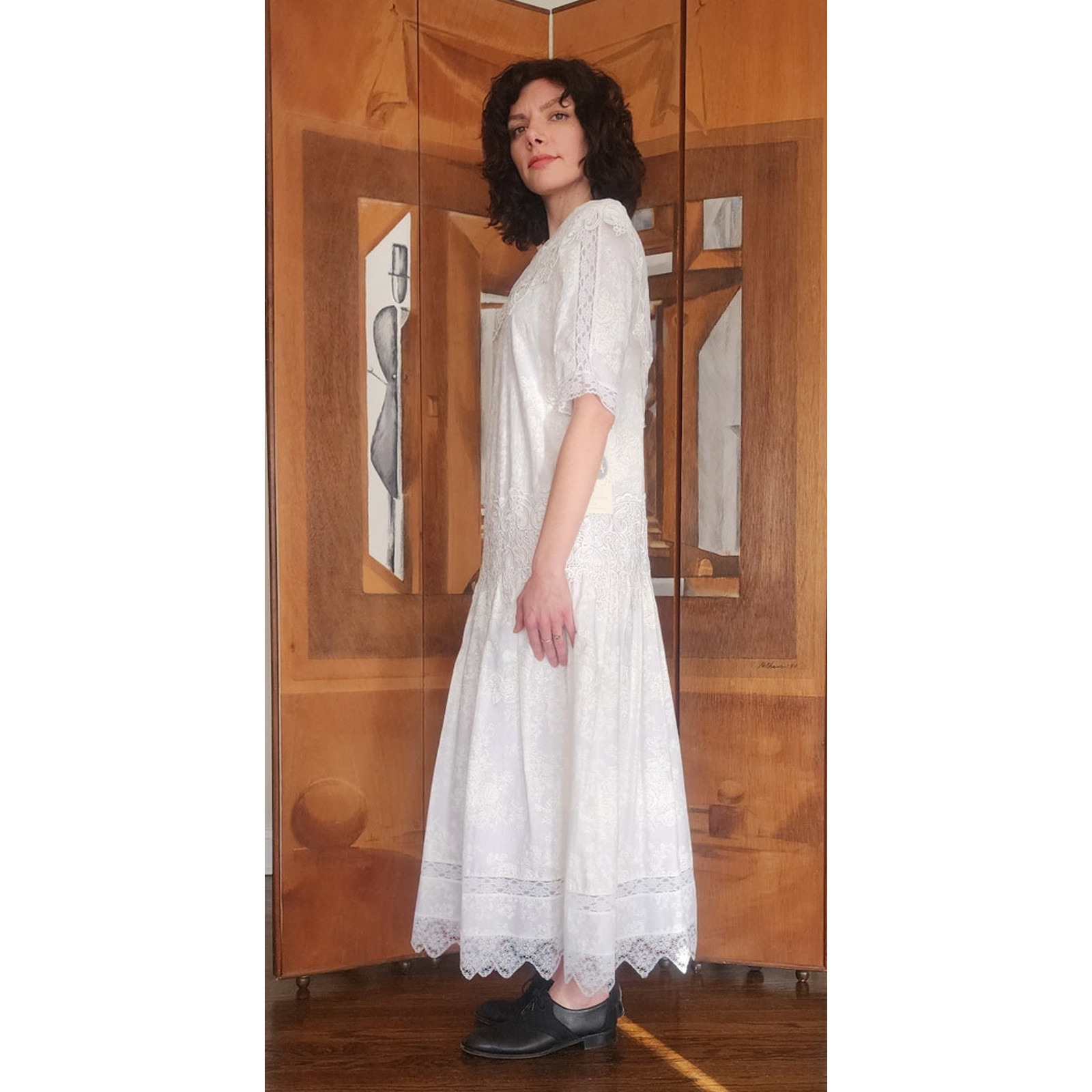 Vintage 1980s Scott McClintock White Lace Dress Drop Waist Puffed Sleeves NWT
