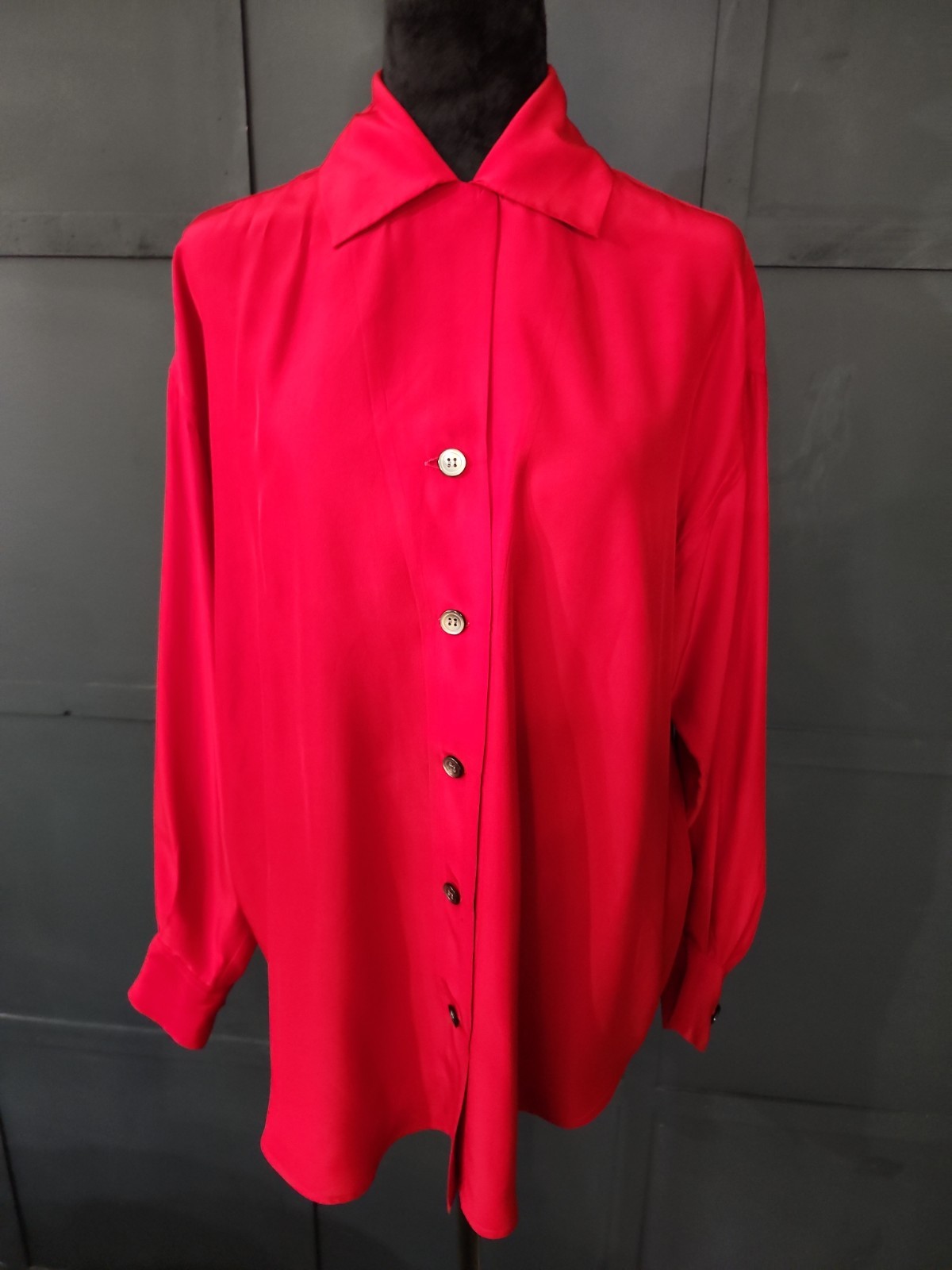 Vintage Blouse KIKIT Maurice Sasoon Sz S 100% Silk Red Long Sleeve Button Up…
