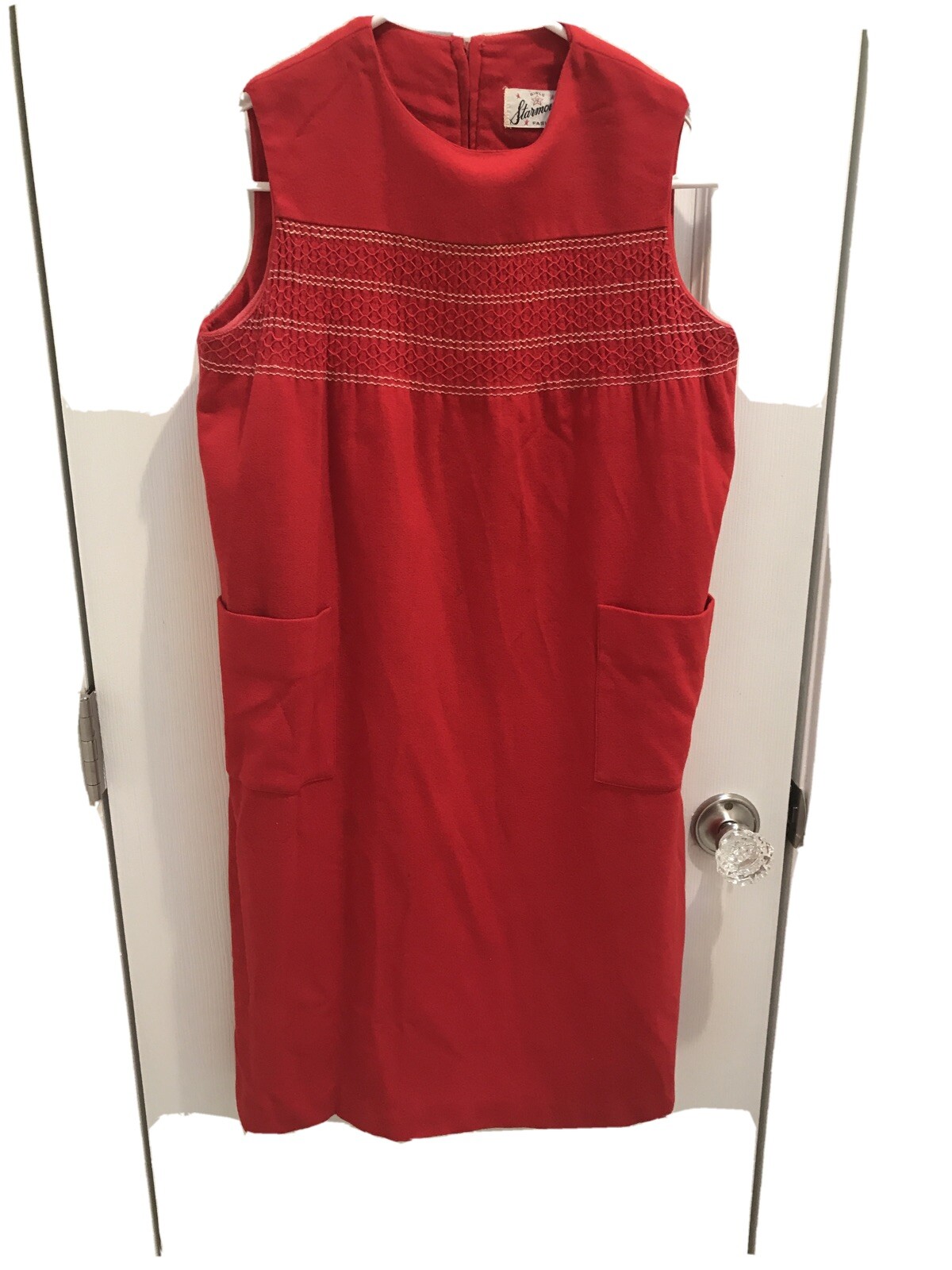 Vintage Girl’s Starmount Red Wool Sleeveless Dress Size 12 With Smocking Detail
