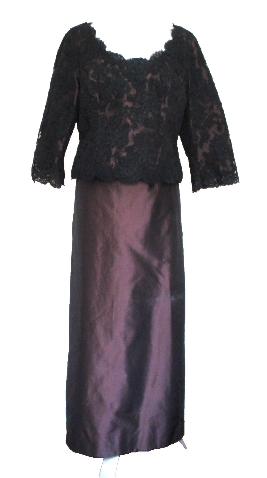 Vintage Catherine Regehr Bronze Silk Taffeta Skirt Set Black Lace Top M/L Women