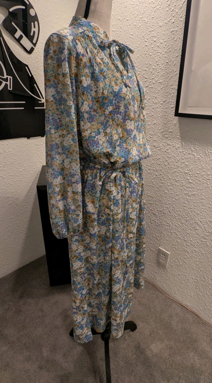 Vintage 70s Polyester Floral Midi PEASANT Dress Bohemian Prairie L/XL