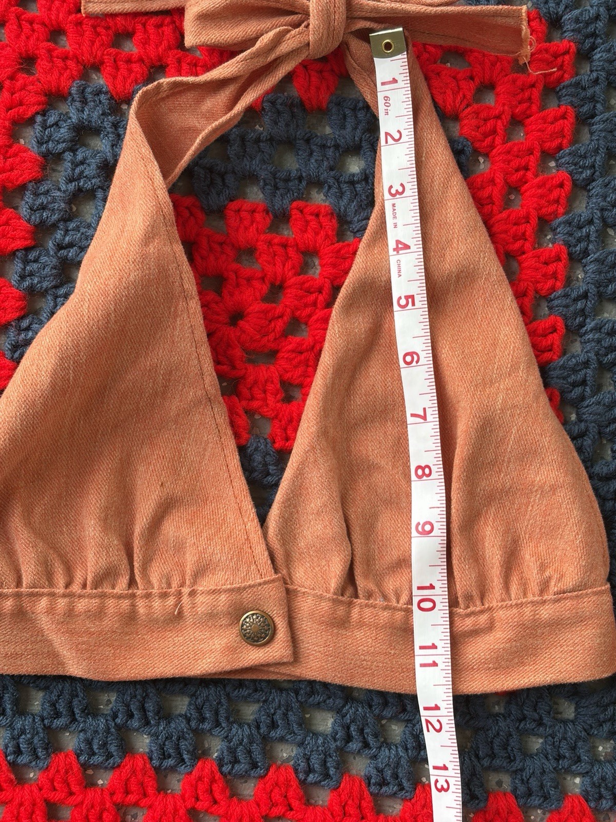 Vintage 70s Peachy Denim Halter Top Retro Hippie Boho Festival, XS-XXS