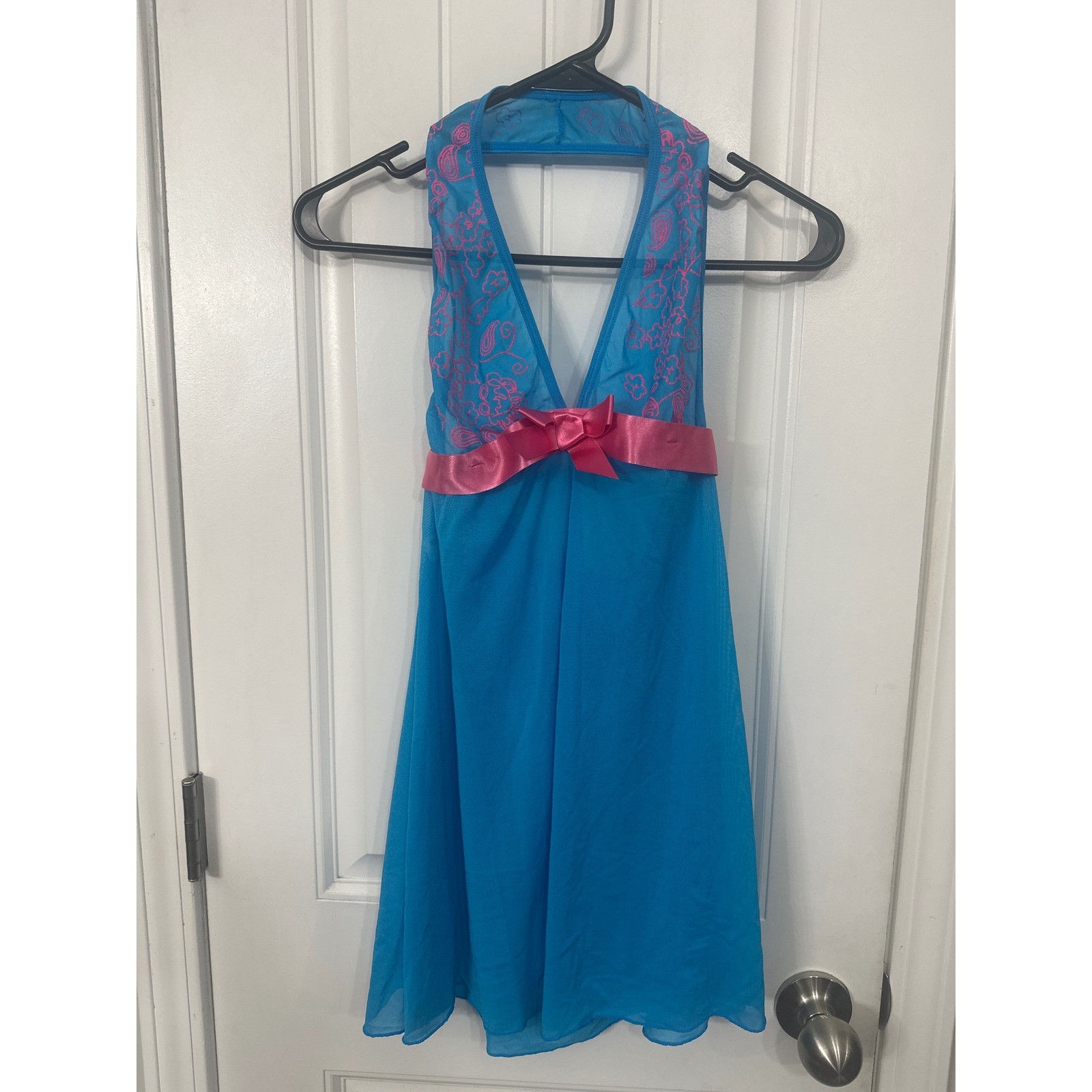 Espirial Lingerie Bright Blue Pink Floral Mesh Halter Babydoll Chemise Nightie