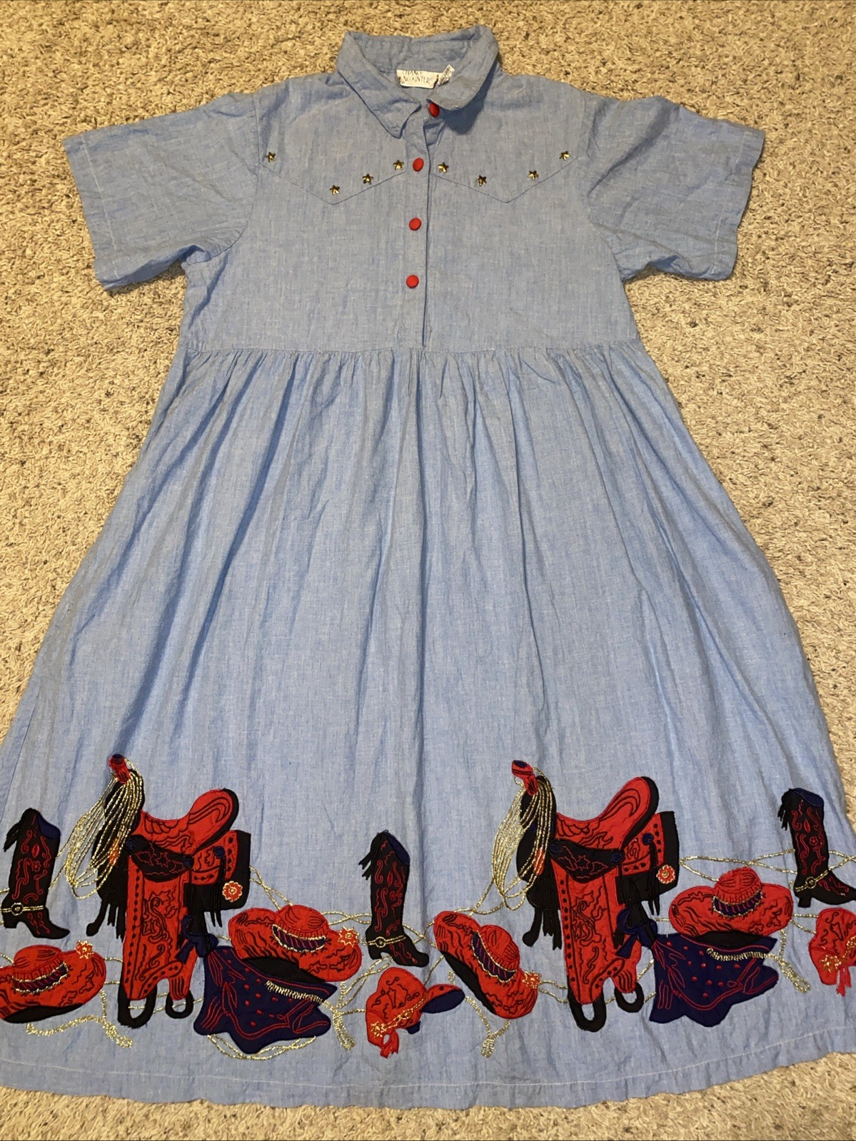 Women’s Vintage 90s Blue Western Cowgirl Embroidered Dress Size Lg Red Hat Boots