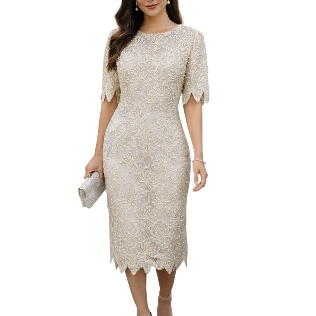 Carina International Vintage Beaded Pearl Lace Sheath Dress Cream White Size M