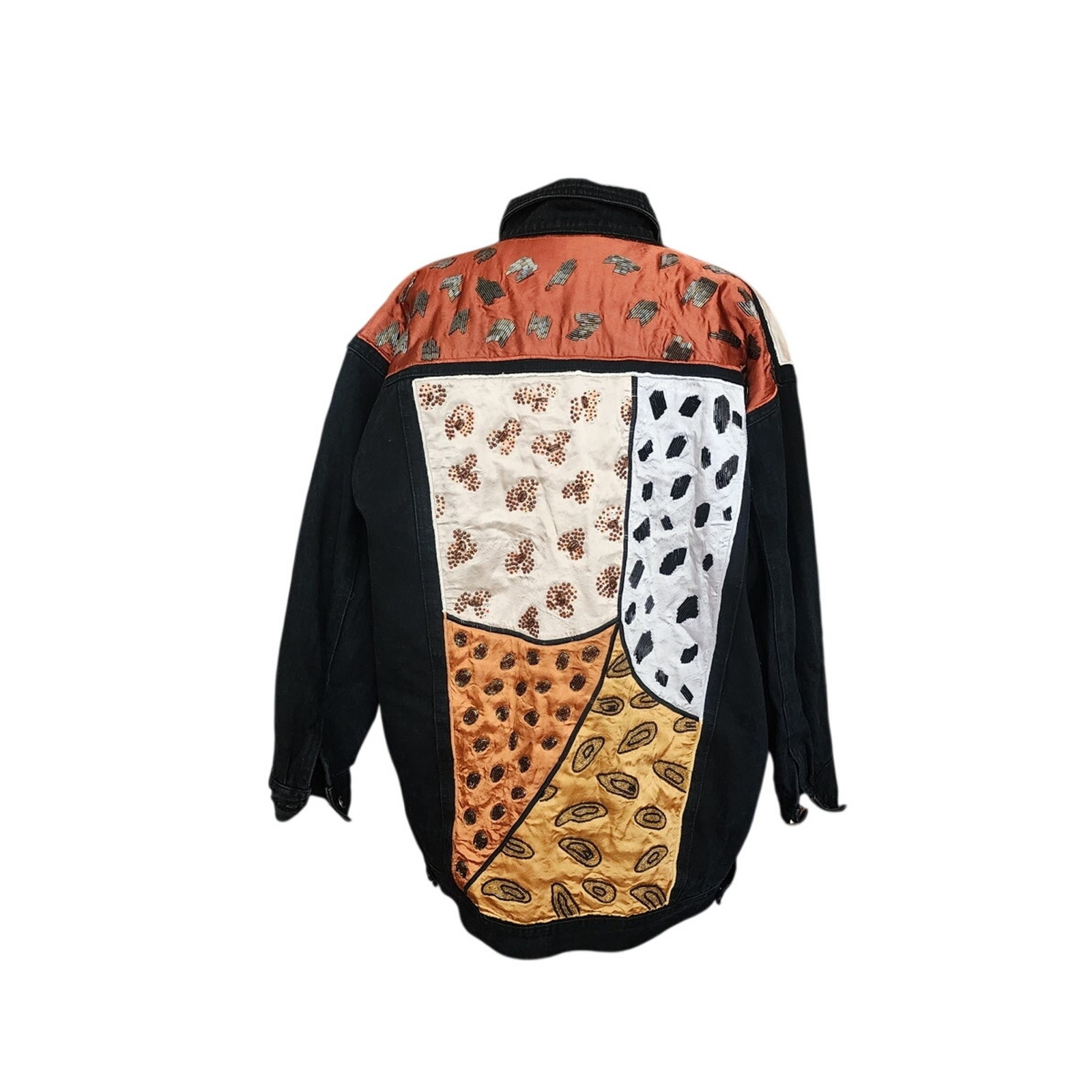 VTG 80s Black Denim Jean Jacket Patchwork Sequins Beading Embroidery OVERSIZED