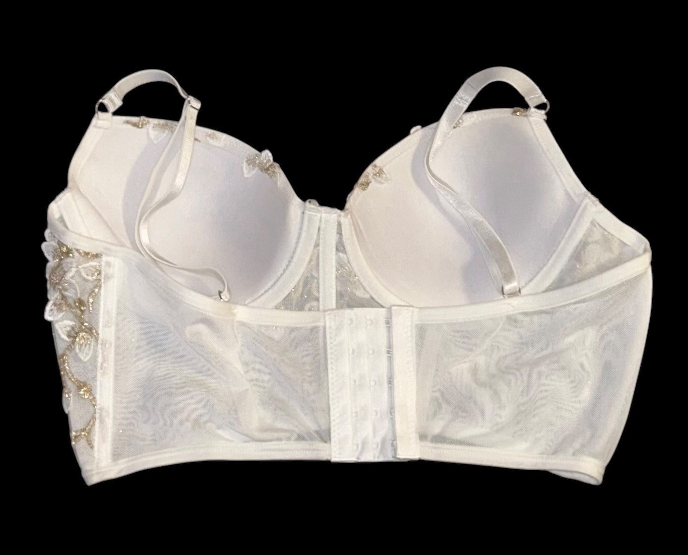 White Gold Metallic Embroidery Sheer Floral Corset Bustier Bra Womens L New