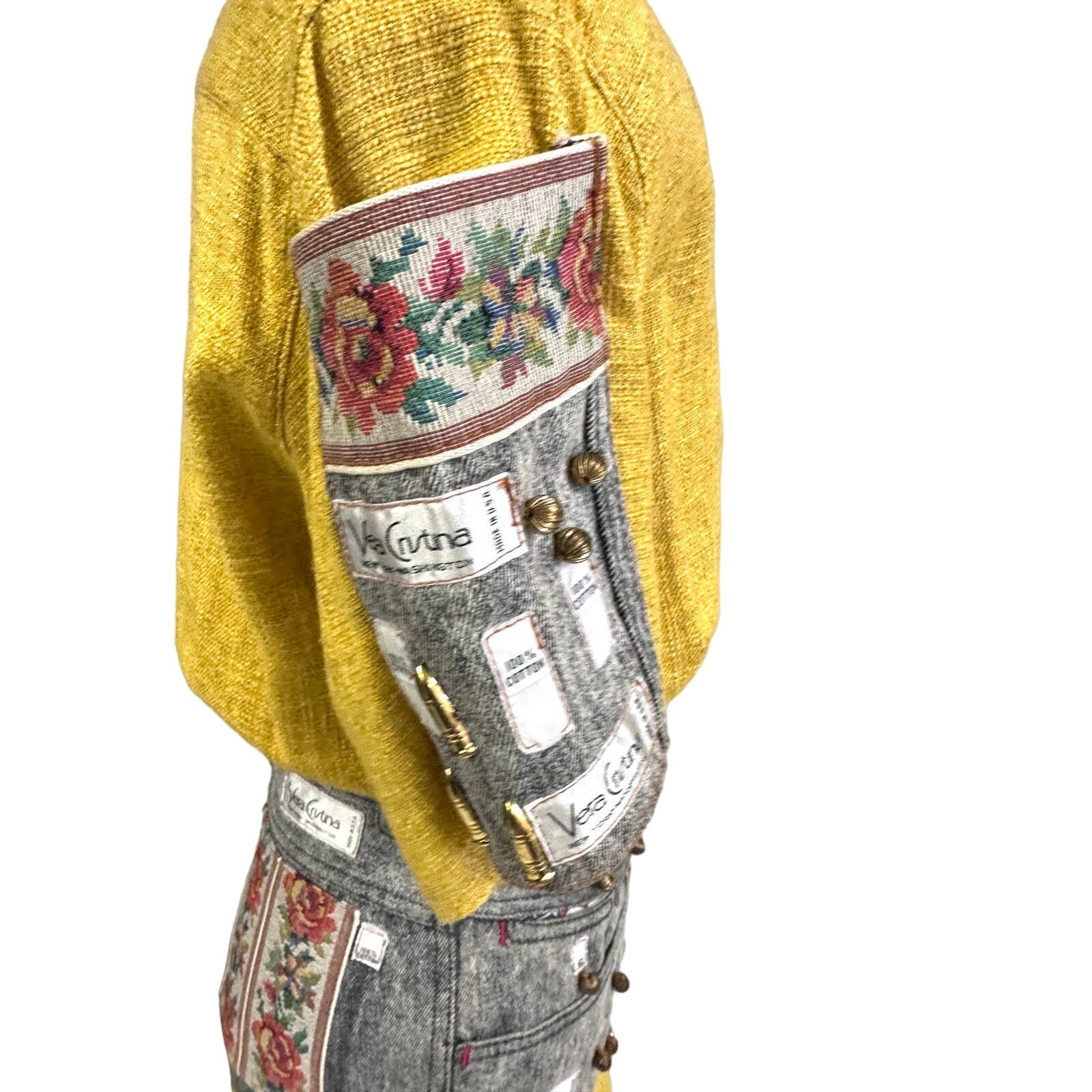 Vera Cristina NY VTG 1980s Skirt & Top Set Yellow Linen Gray Denim Beaded Sz M