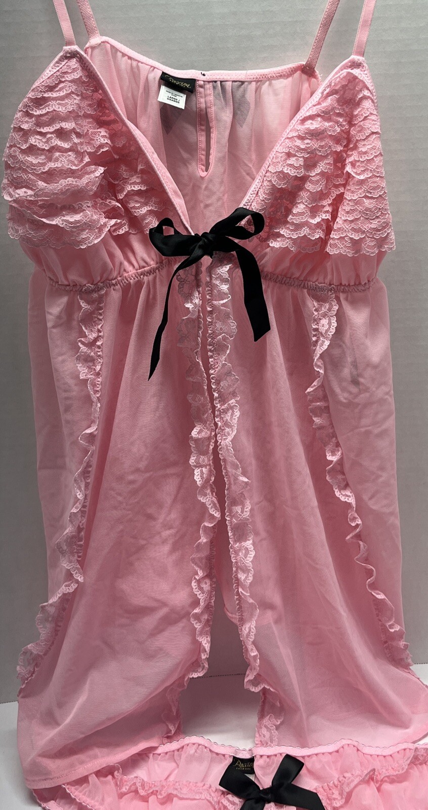 Passion Forever Babydoll w/ Bikini Panty Pink Sheer W/ Lace Detail Open Sz L New