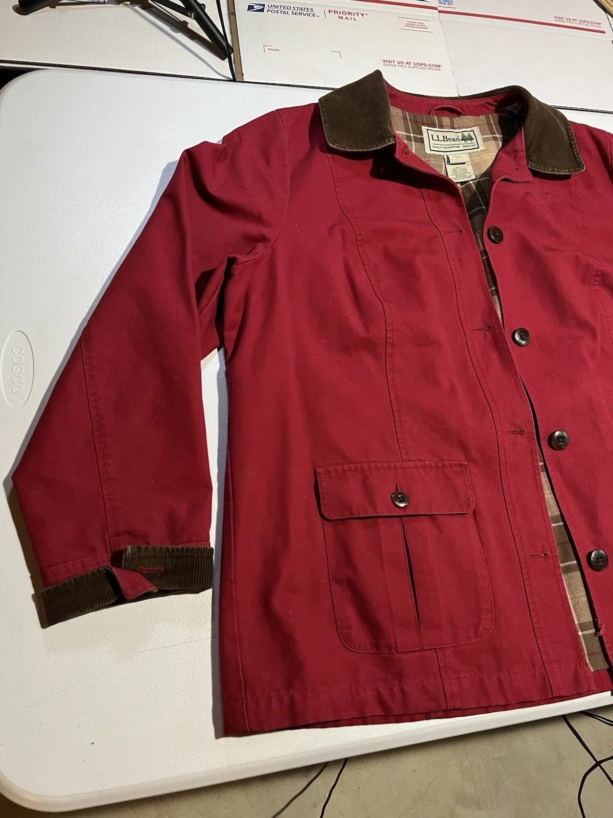 vtg LL Bean Womens XL 1X Red Chore Coat Barn Field Jacket Plaid Lined Corduroy