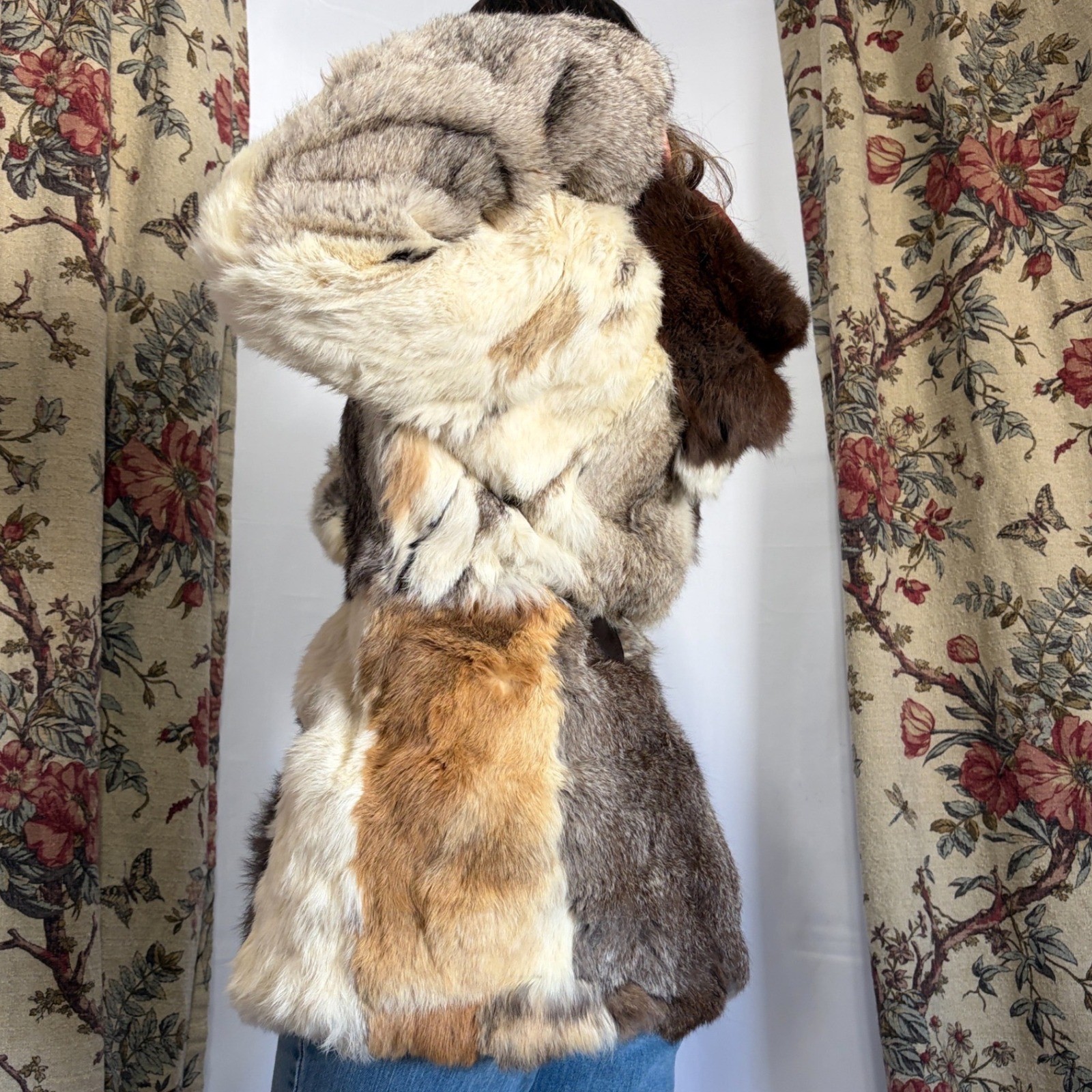 Vintage Natural Rabbit Fur patchwork coat with loop closure on front and pockets