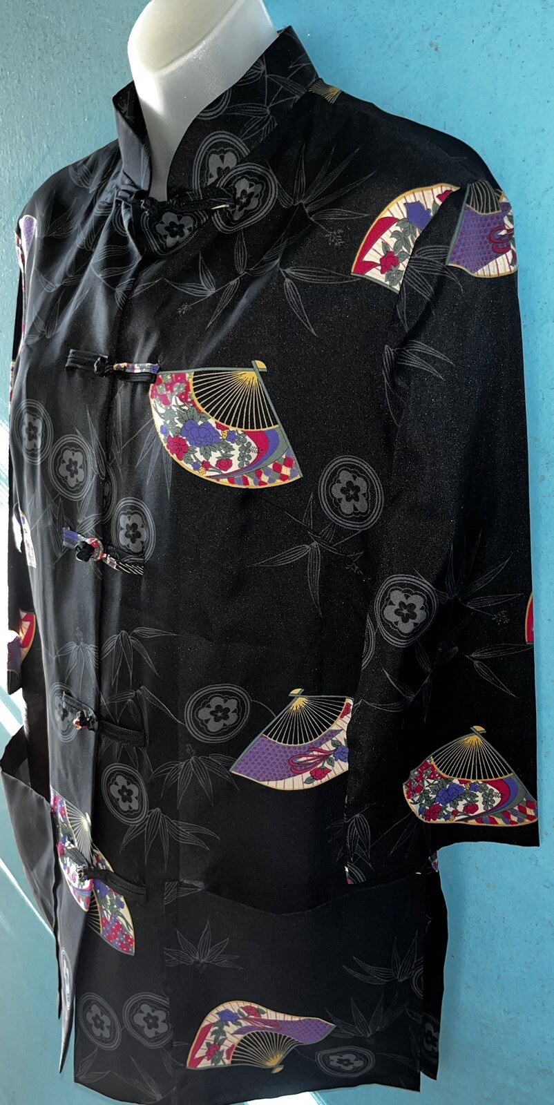 New Kimo’s Polynesian Shop 1960s 70s Hawaiian kimono robe black Asian Fans-Sz 14